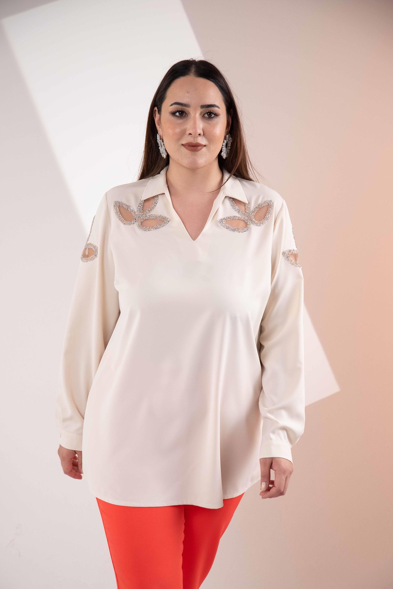 Büyük Beden 1122502 Damla Taşlı Bluz  Bej