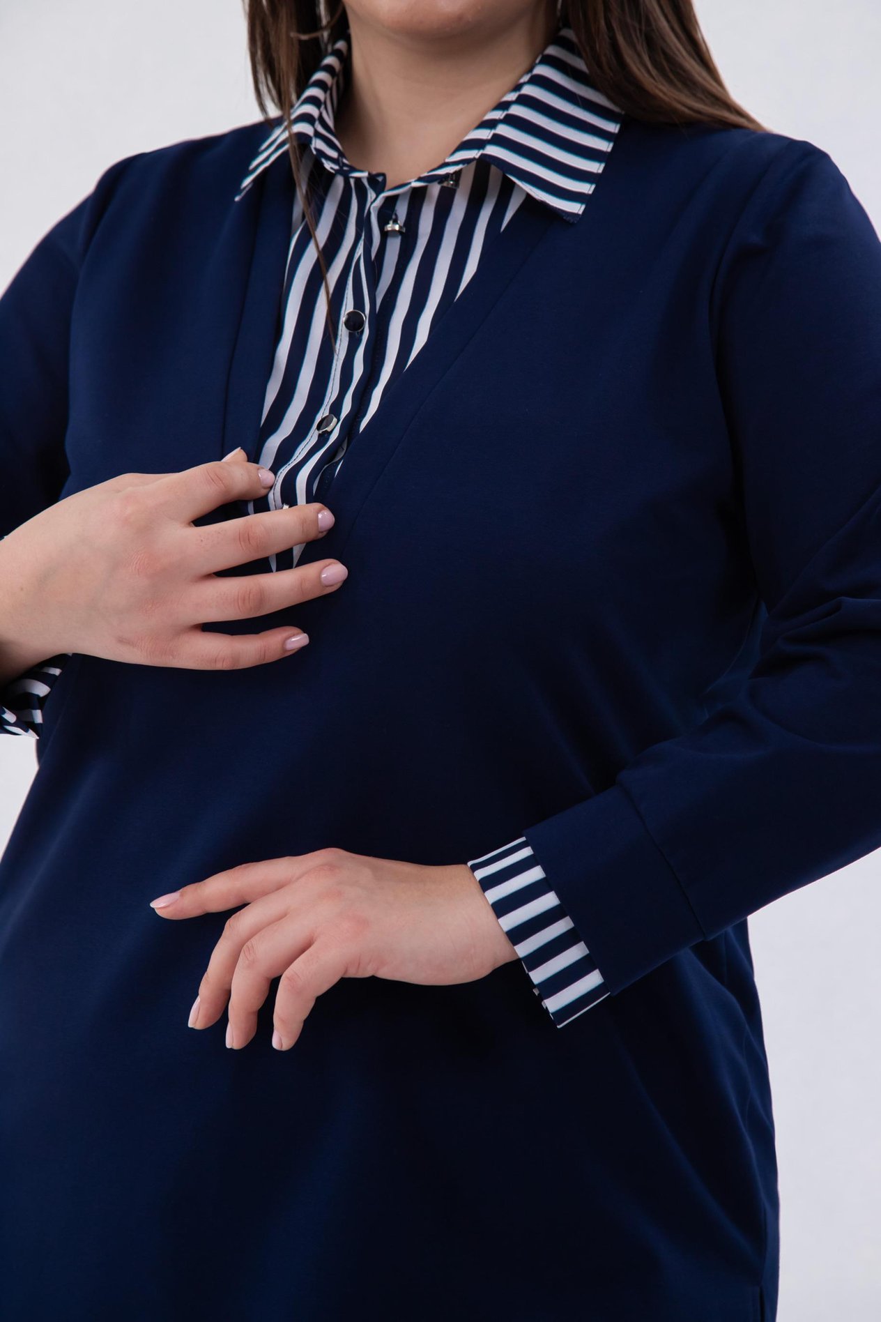 Büyük Beden 1211025 Çizgili Gömlek Detaylı Sweat Lacivert