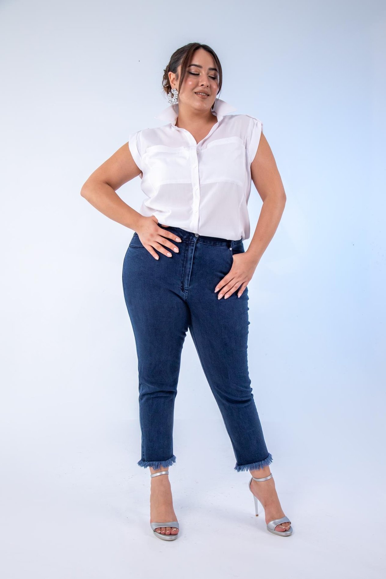 Büyük Beden 1211052 Paça Fiyonklu Denim Pantolon  Lacivert