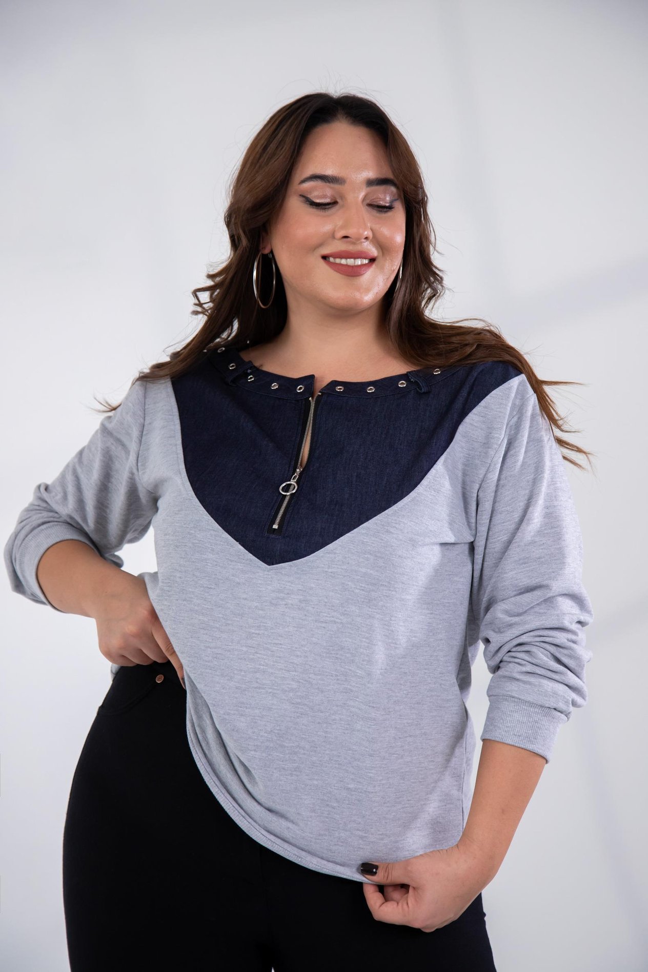 Büyük Beden 121996 Kuş Gözlü-Kot Garnili Sweat  Gri