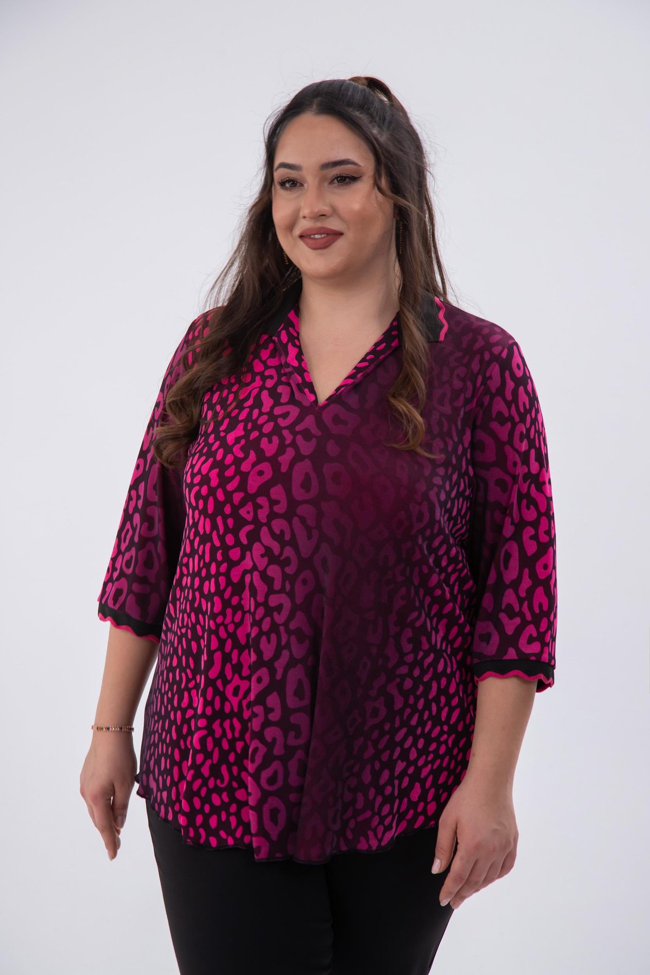 Büyük Beden 122039 Gömlek Yaka Bluz  Fuşya-Leopar 