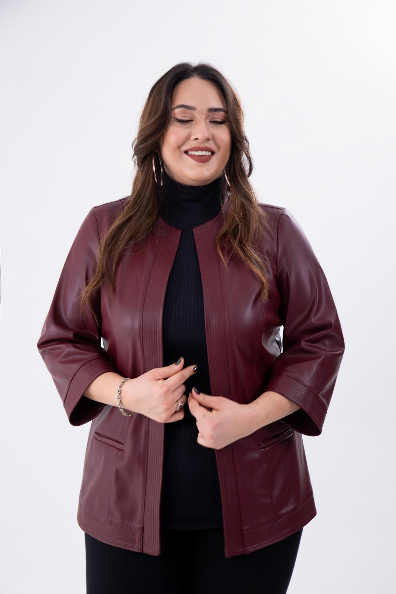 Büyük Beden 122159 Deri Ceket Bordo