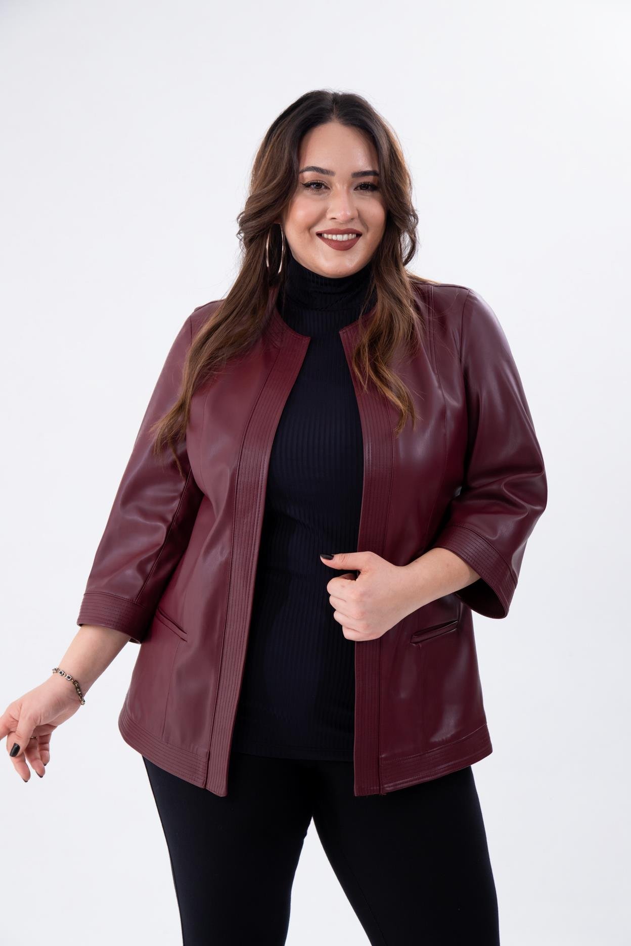 Büyük Beden 122159 Deri Ceket Bordo