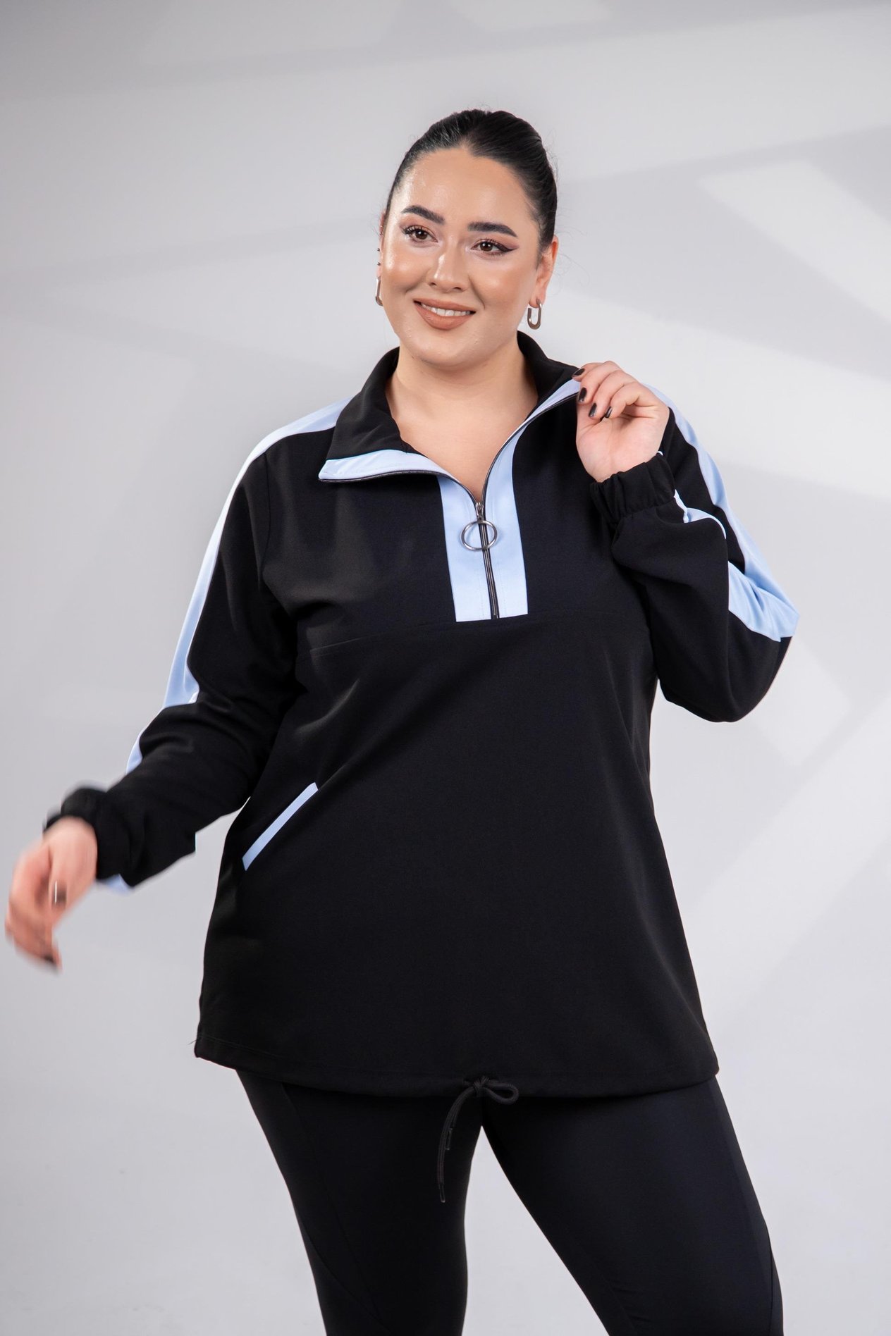 Büyük Beden 12223271 Fermuarlı Saten Garnili  Sweat Mavi