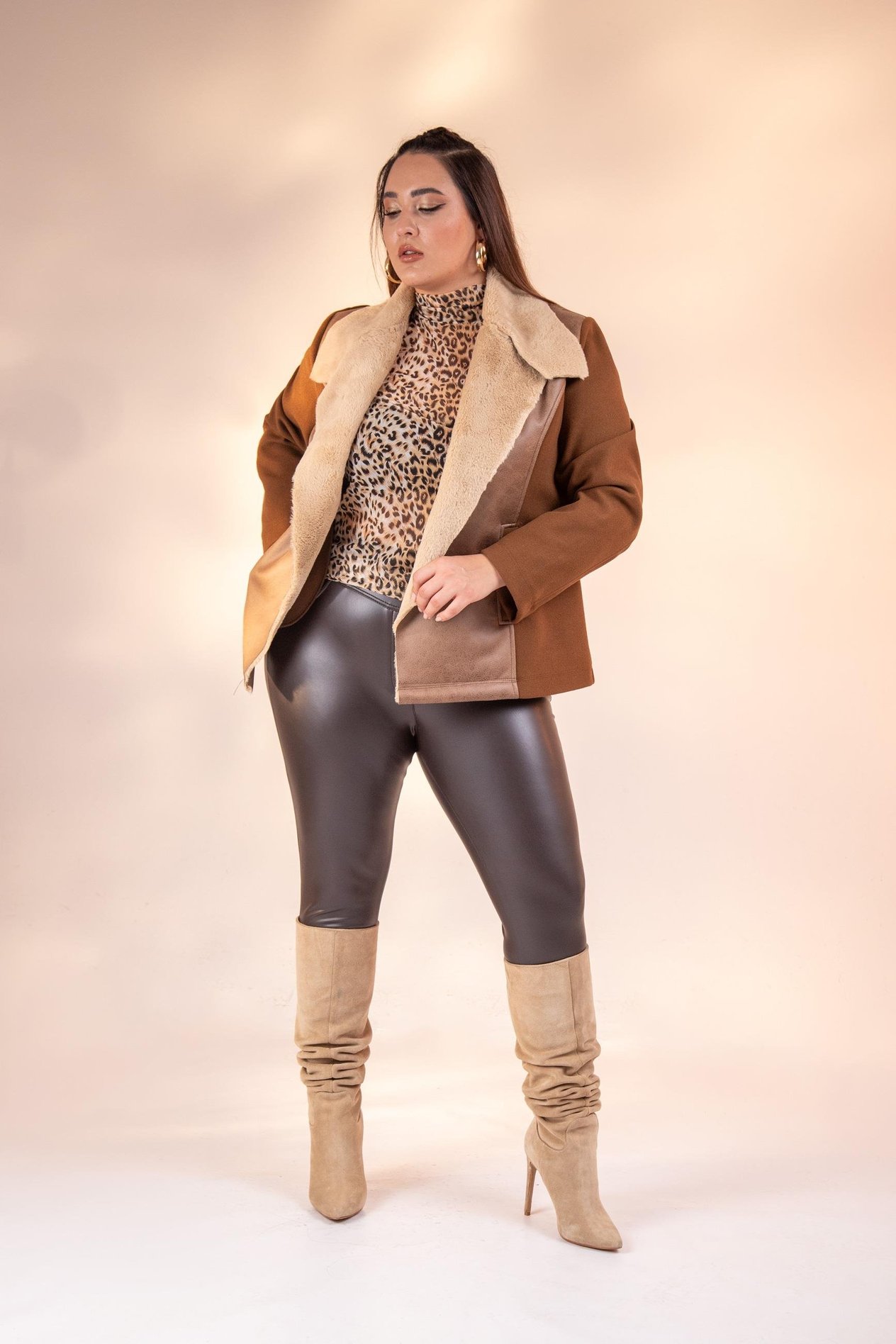Büyük Beden 12224154 Kürk Yaka Kaşe Mont Camel