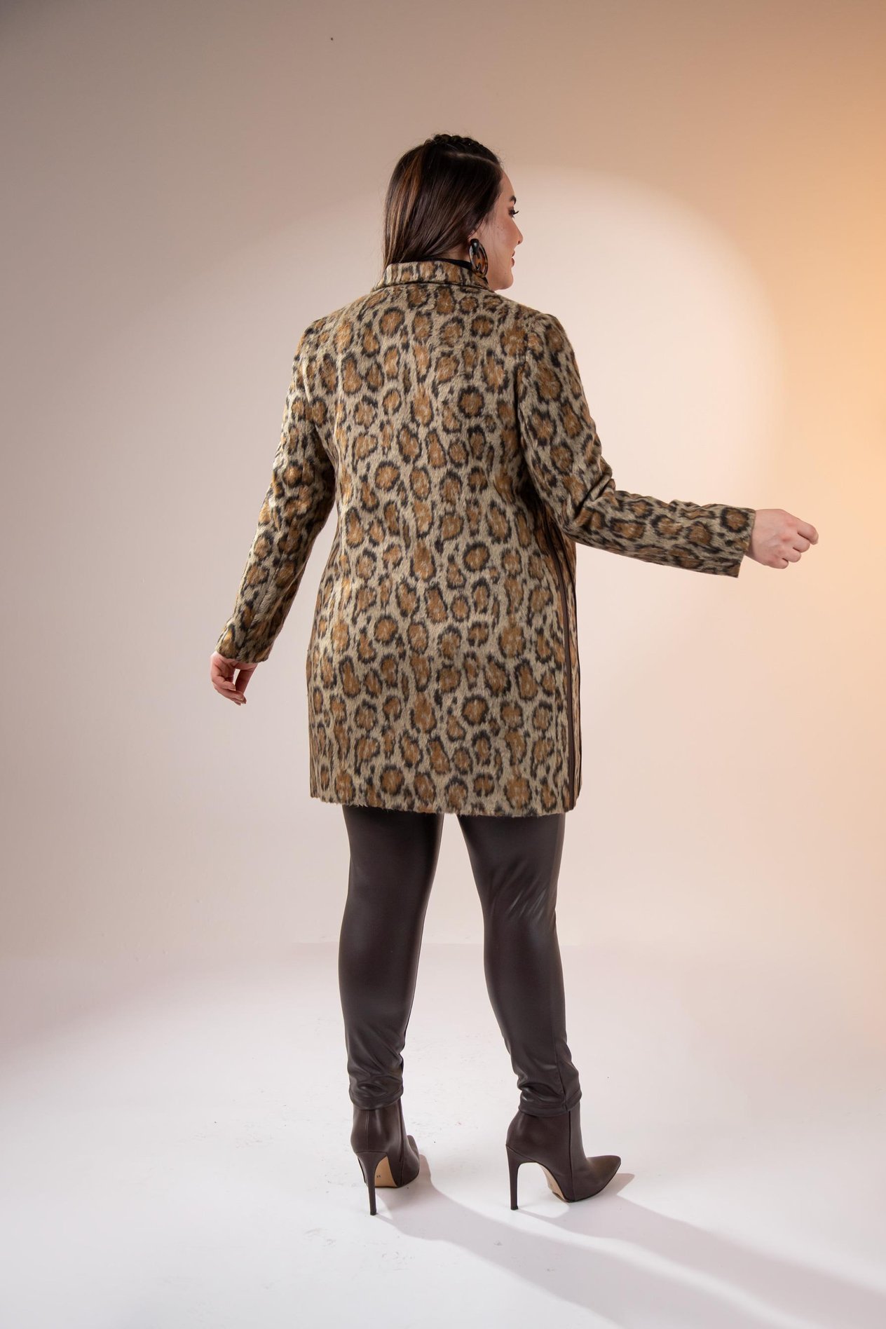 Büyük Beden 12224178 Leopar Desenli Kısa Kaban Kahverengi