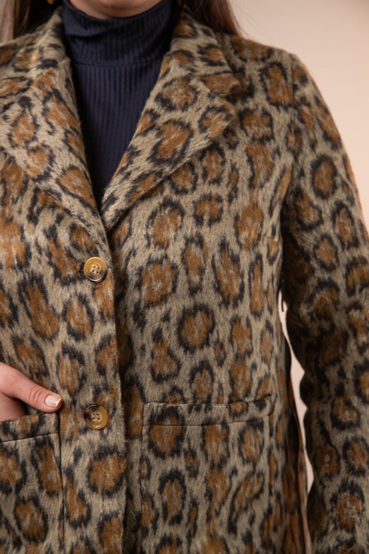 Büyük Beden 12224178 Leopar Desenli Kısa Kaban Kahverengi