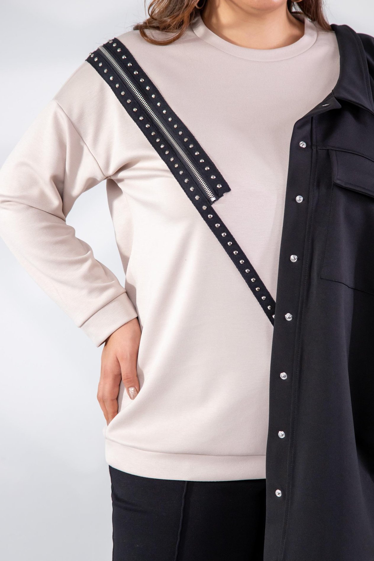 Büyük Beden 1222421 Fermuarlı Şertili Sweat  Bej
