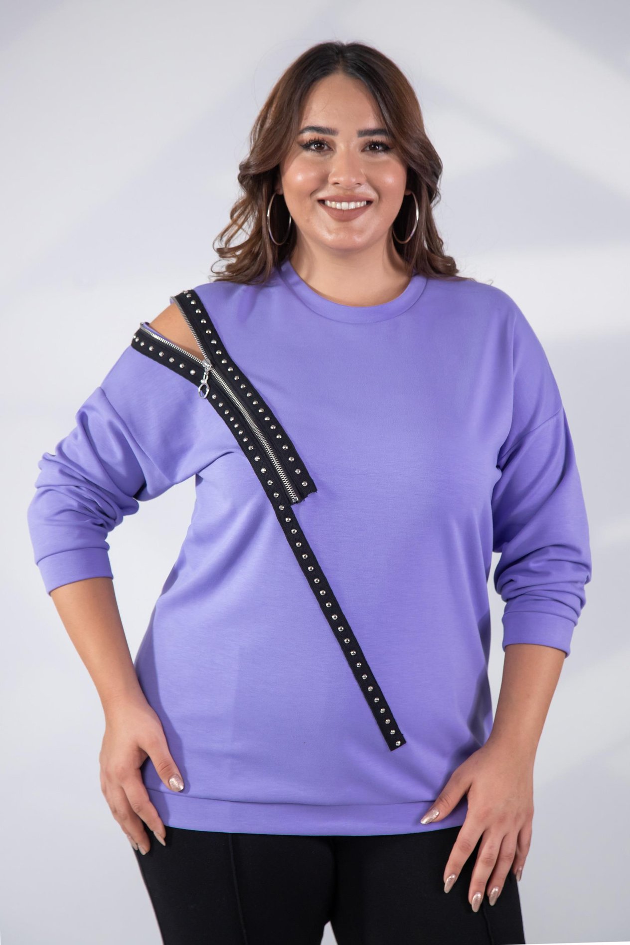 Büyük Beden 1222421 Fermuarlı Şertili Sweat  Lila