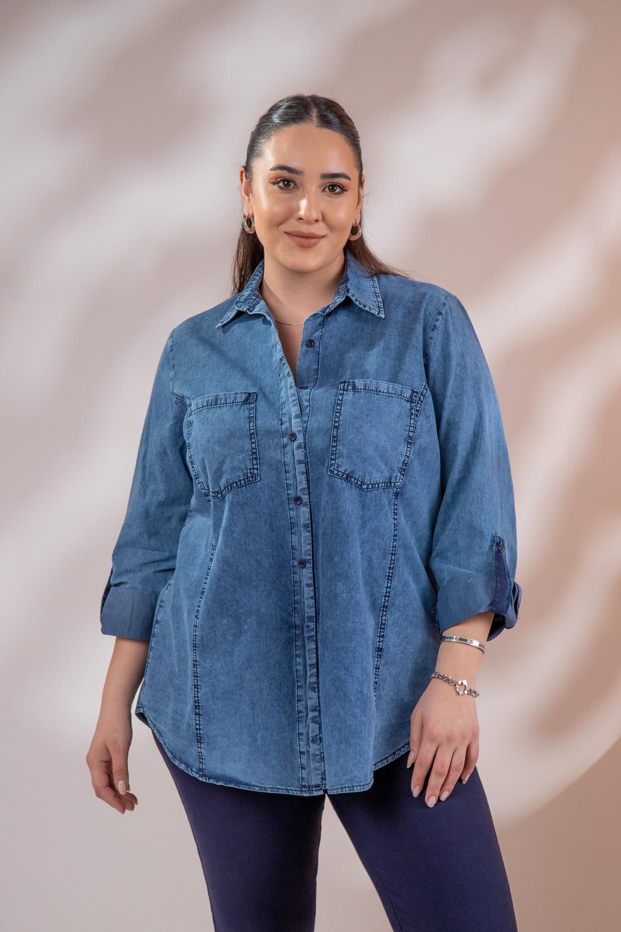 Büyük Beden 1222506 Cep Detaylı Denim Gömlek Lacivert