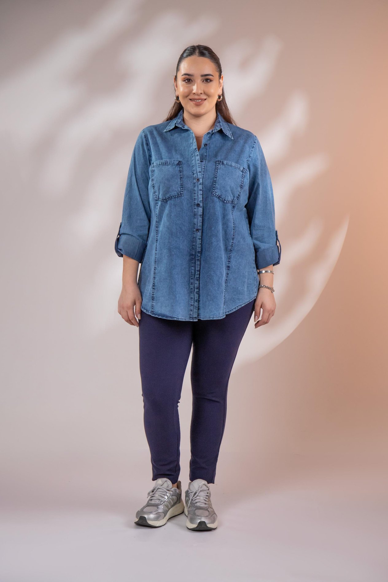 Büyük Beden 1222506 Cep Detaylı Denim Gömlek Lacivert