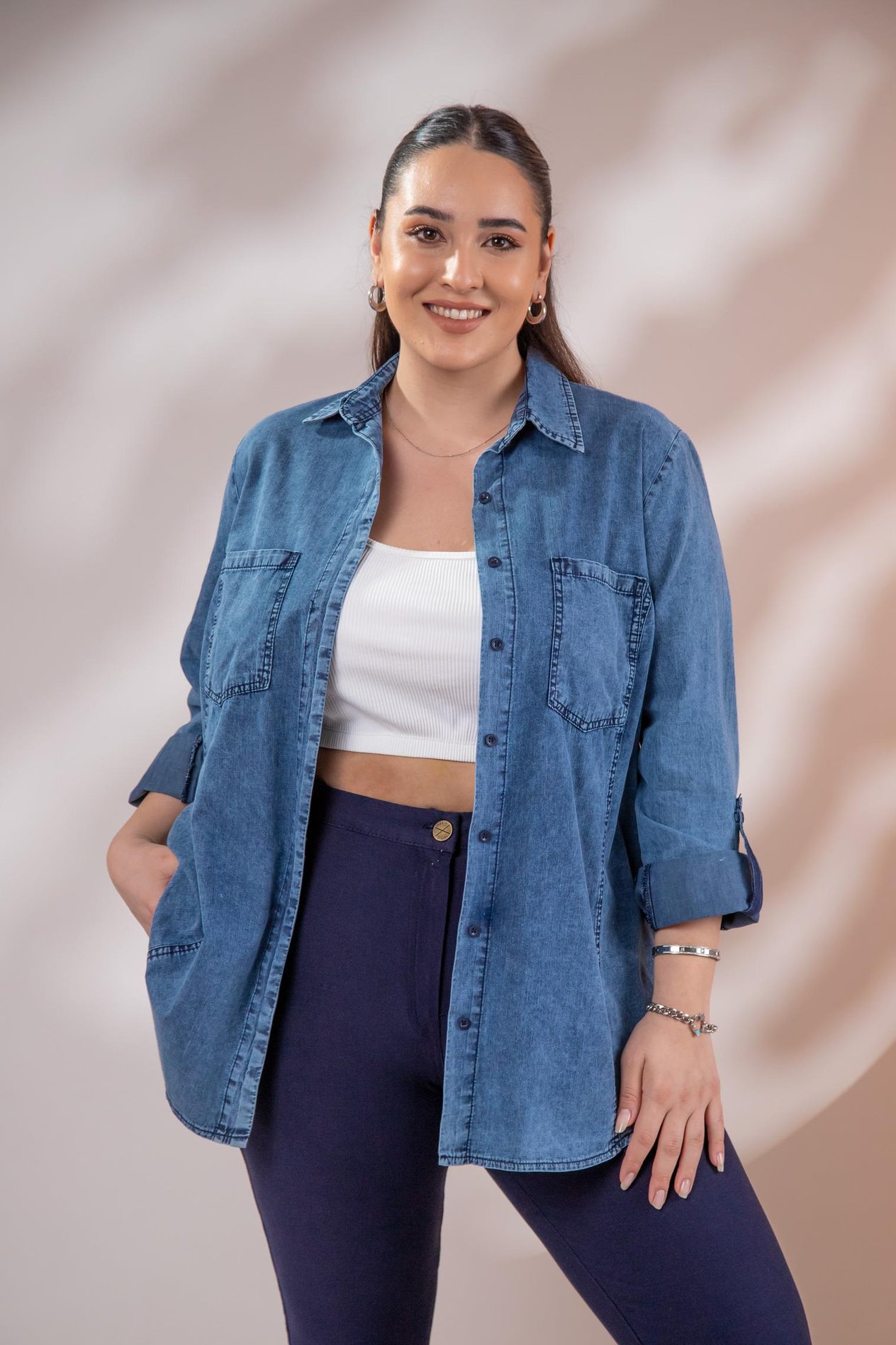 Büyük Beden 1222506 Cep Detaylı Denim Gömlek Lacivert