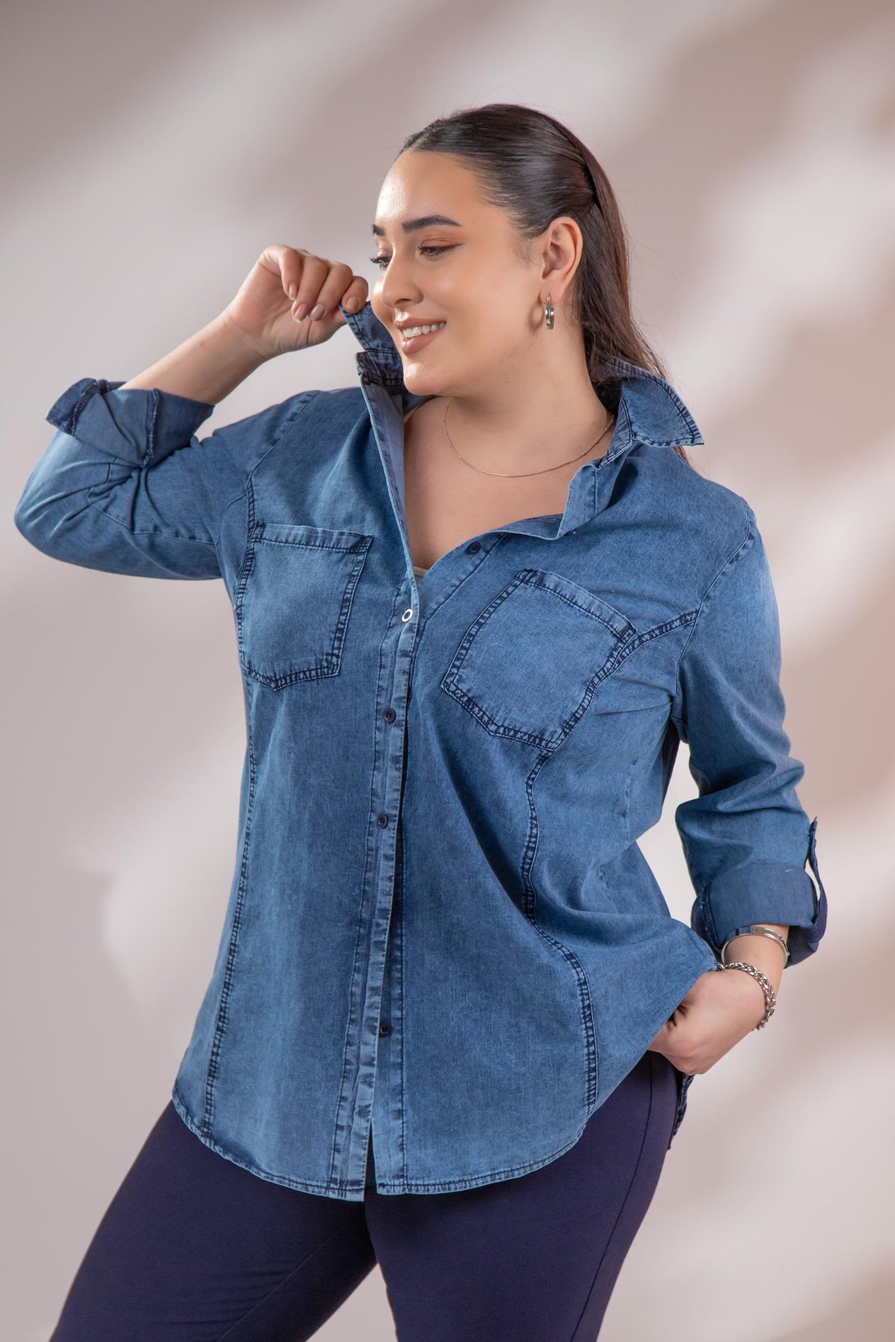 Büyük Beden 1222506 Cep Detaylı Denim Gömlek Lacivert