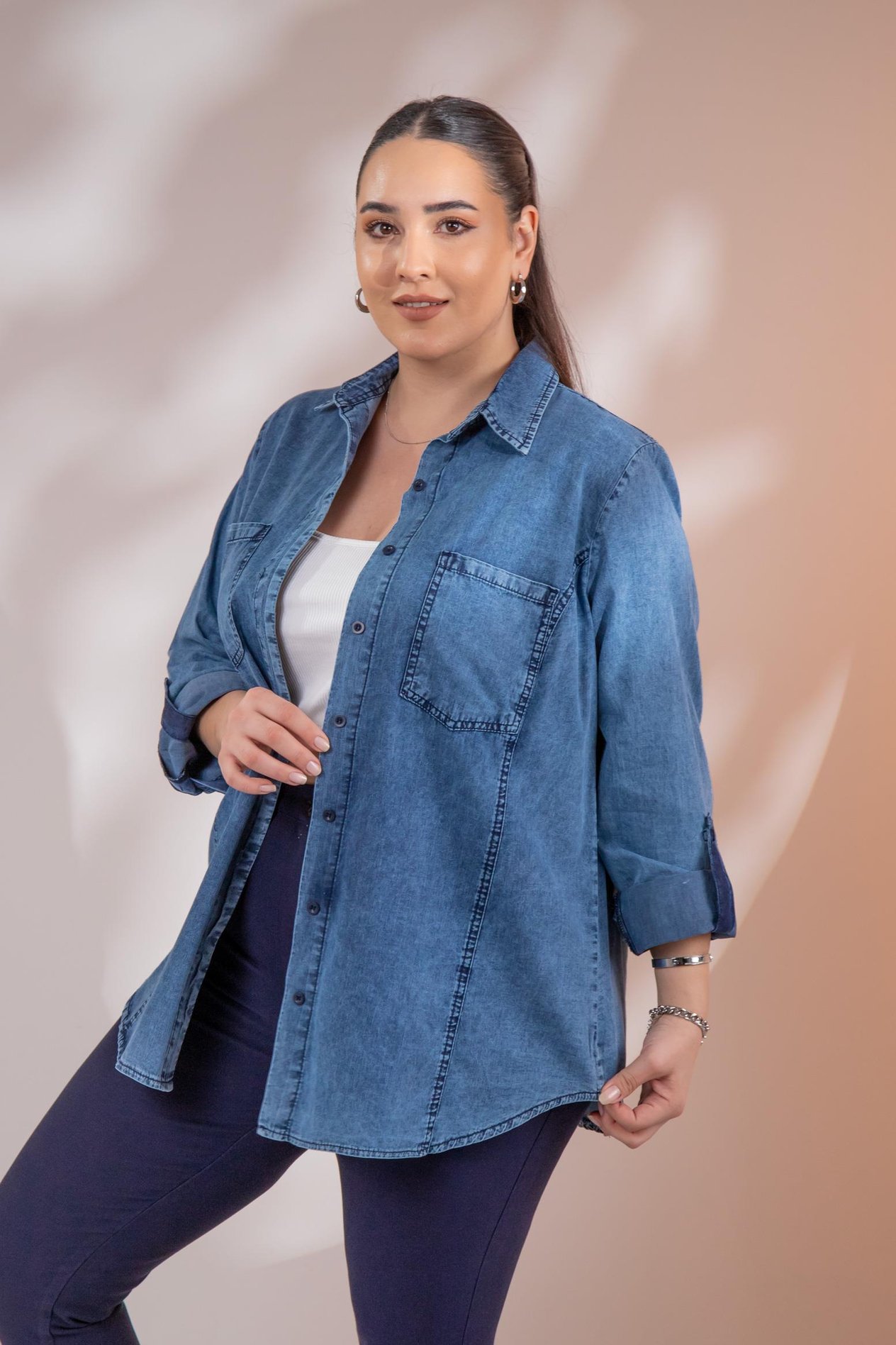 Büyük Beden 1222506 Cep Detaylı Denim Gömlek Lacivert