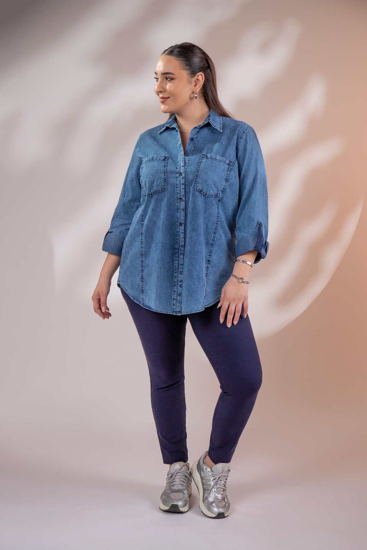 Büyük Beden 1222506 Cep Detaylı Denim Gömlek Lacivert