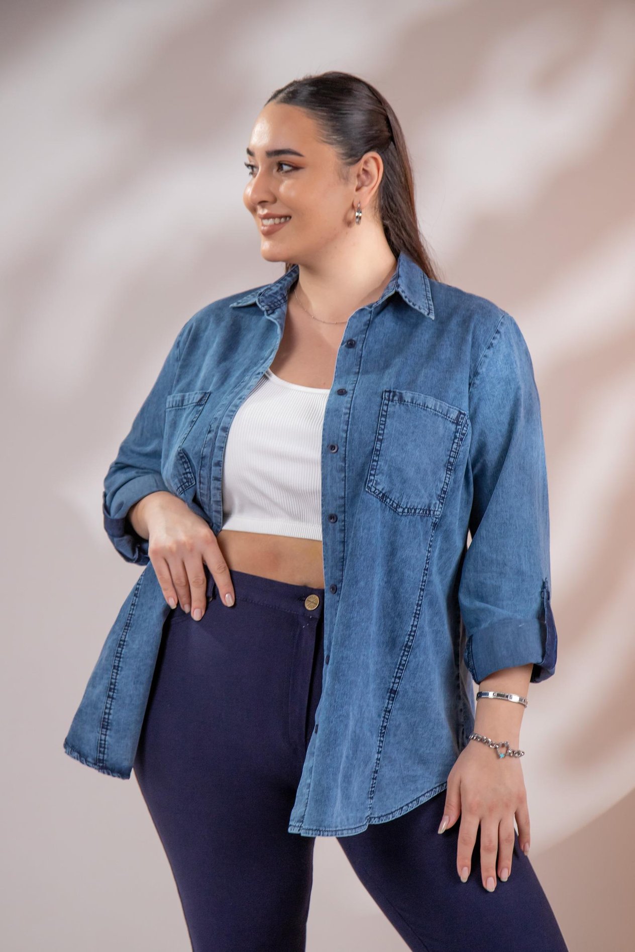 Büyük Beden 1222506 Cep Detaylı Denim Gömlek Lacivert