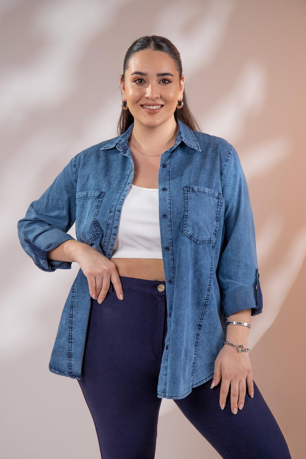 Büyük Beden 1222506 Cep Detaylı Denim Gömlek Lacivert