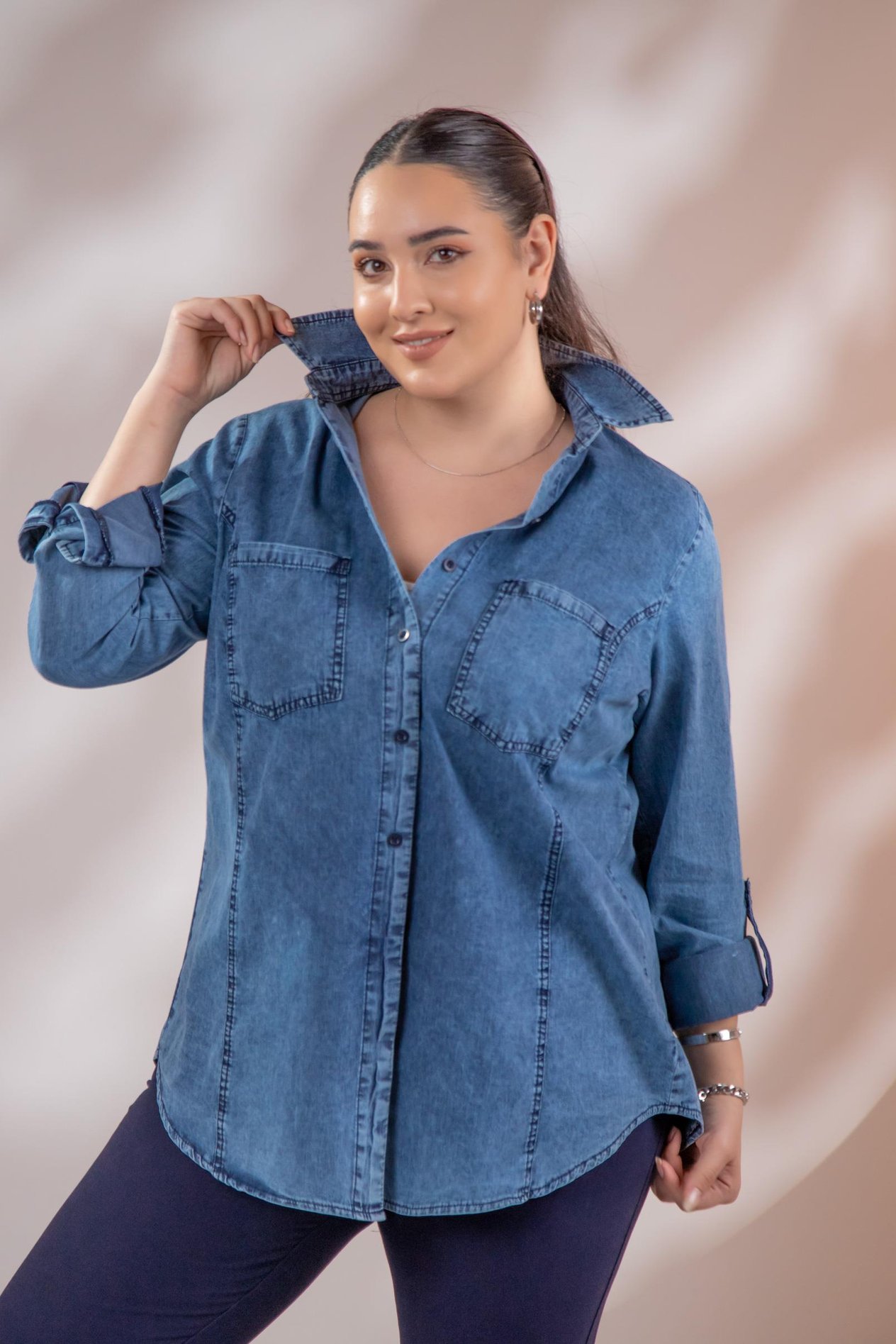 Büyük Beden 1222506 Cep Detaylı Denim Gömlek Lacivert