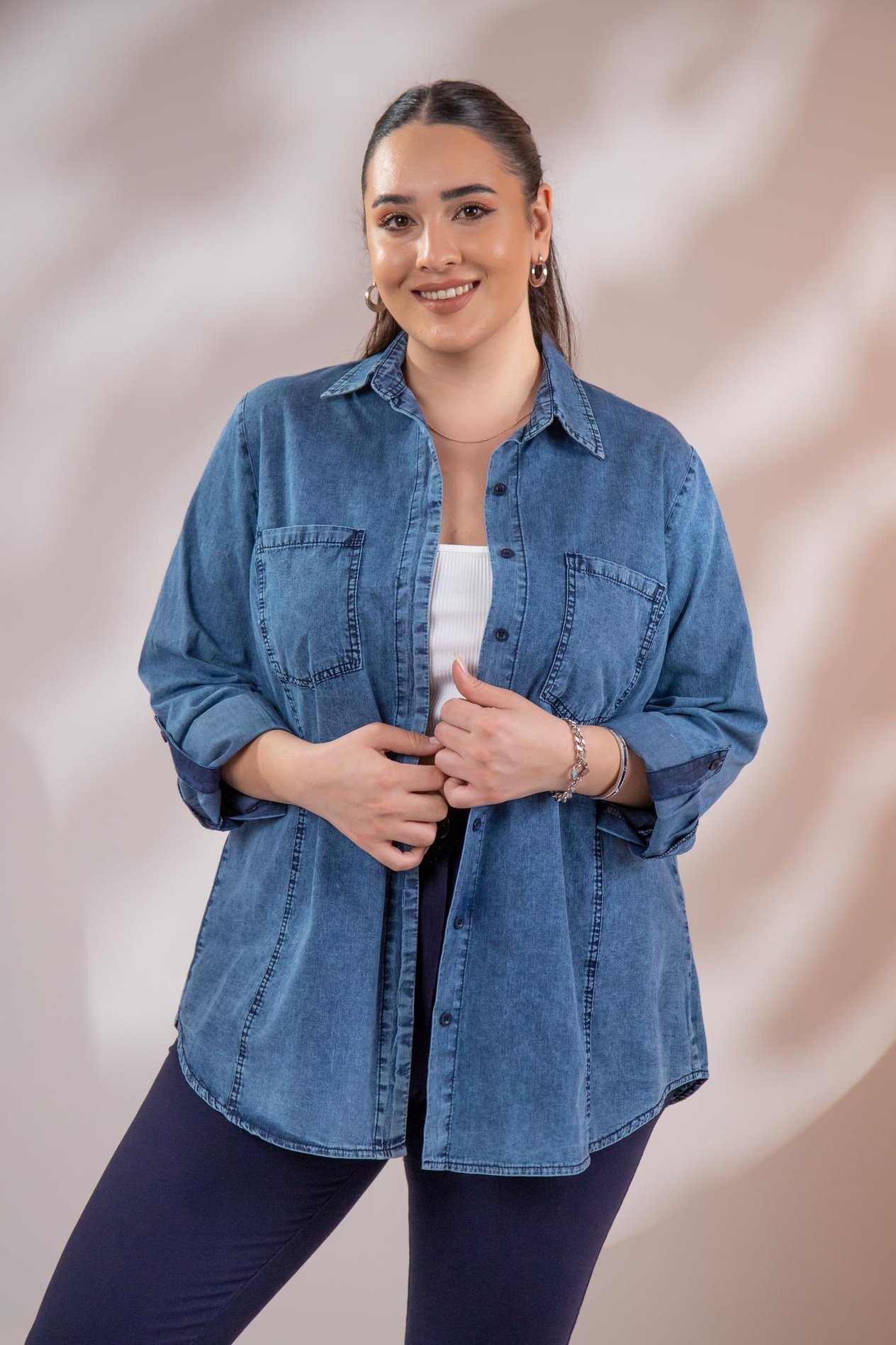 Büyük Beden 1222506 Cep Detaylı Denim Gömlek Lacivert