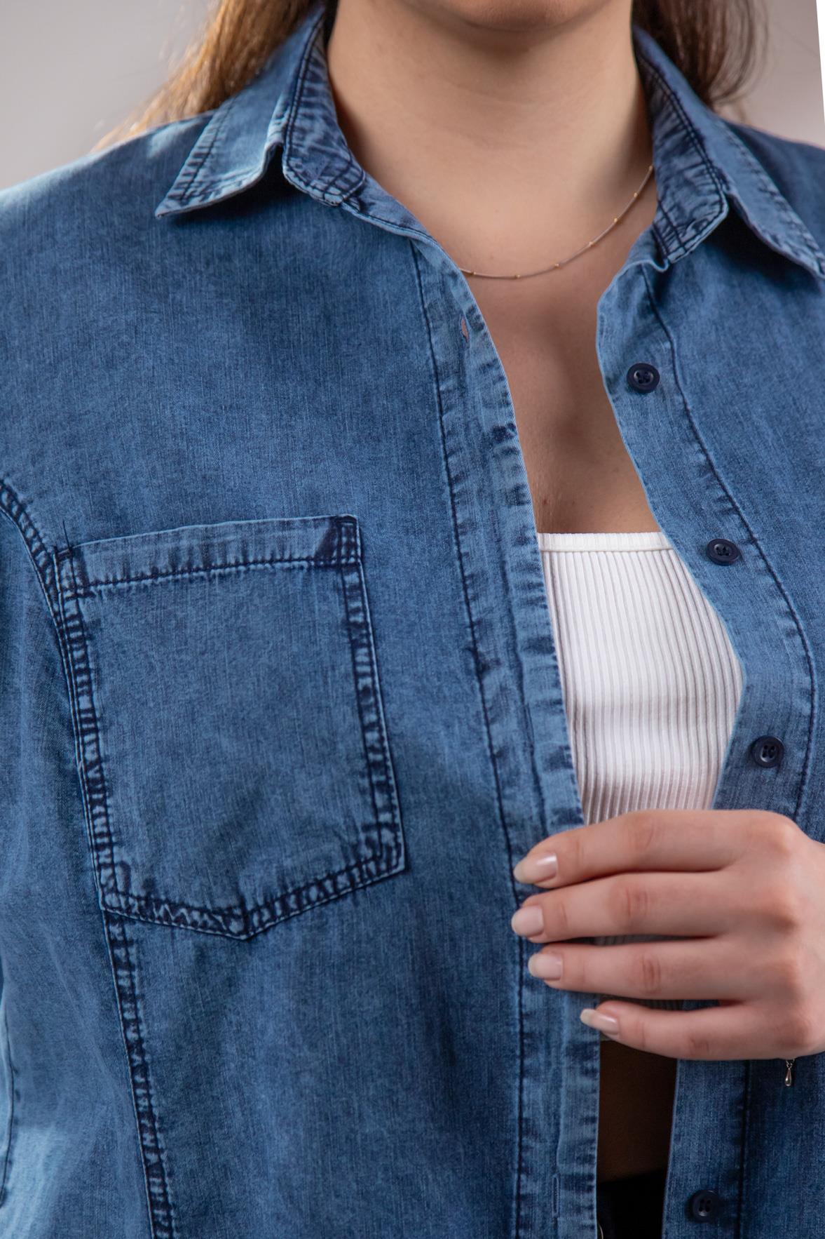 Büyük Beden 1222506 Cep Detaylı Denim Gömlek Lacivert