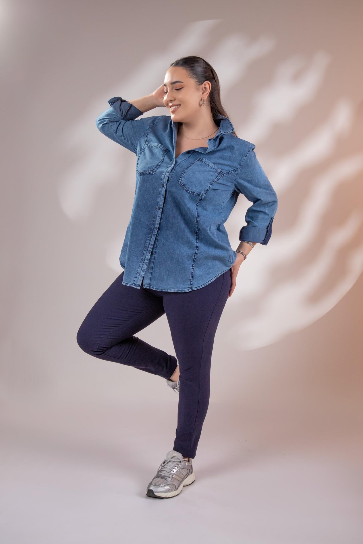 Büyük Beden 1222506 Cep Detaylı Denim Gömlek Lacivert