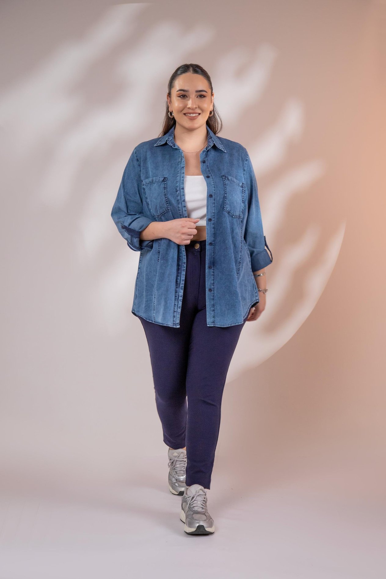 Büyük Beden 1222506 Cep Detaylı Denim Gömlek Lacivert