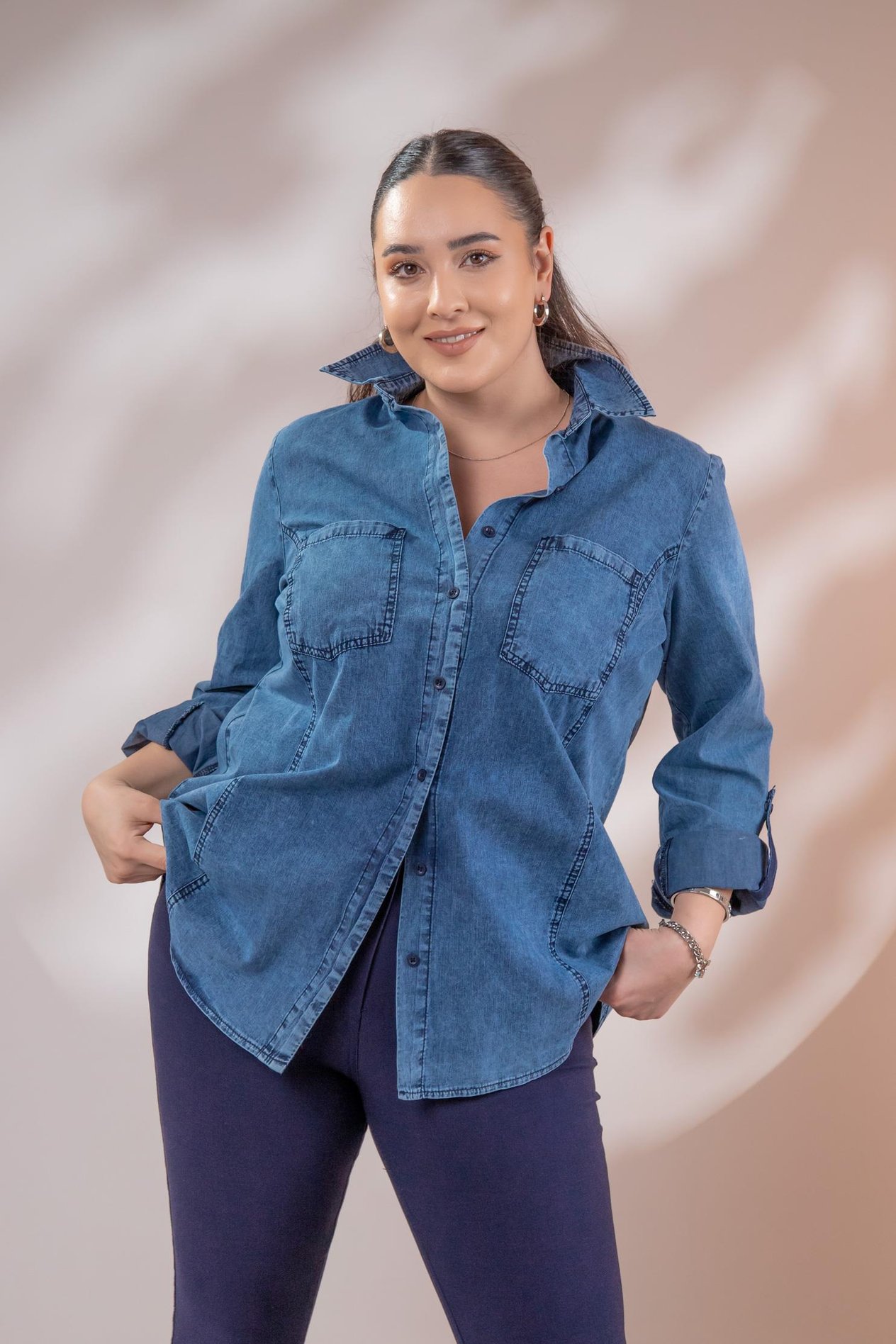 Büyük Beden 1222506 Cep Detaylı Denim Gömlek Lacivert