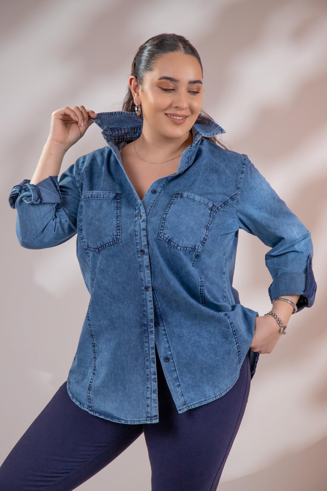 Büyük Beden 1222506 Cep Detaylı Denim Gömlek Lacivert