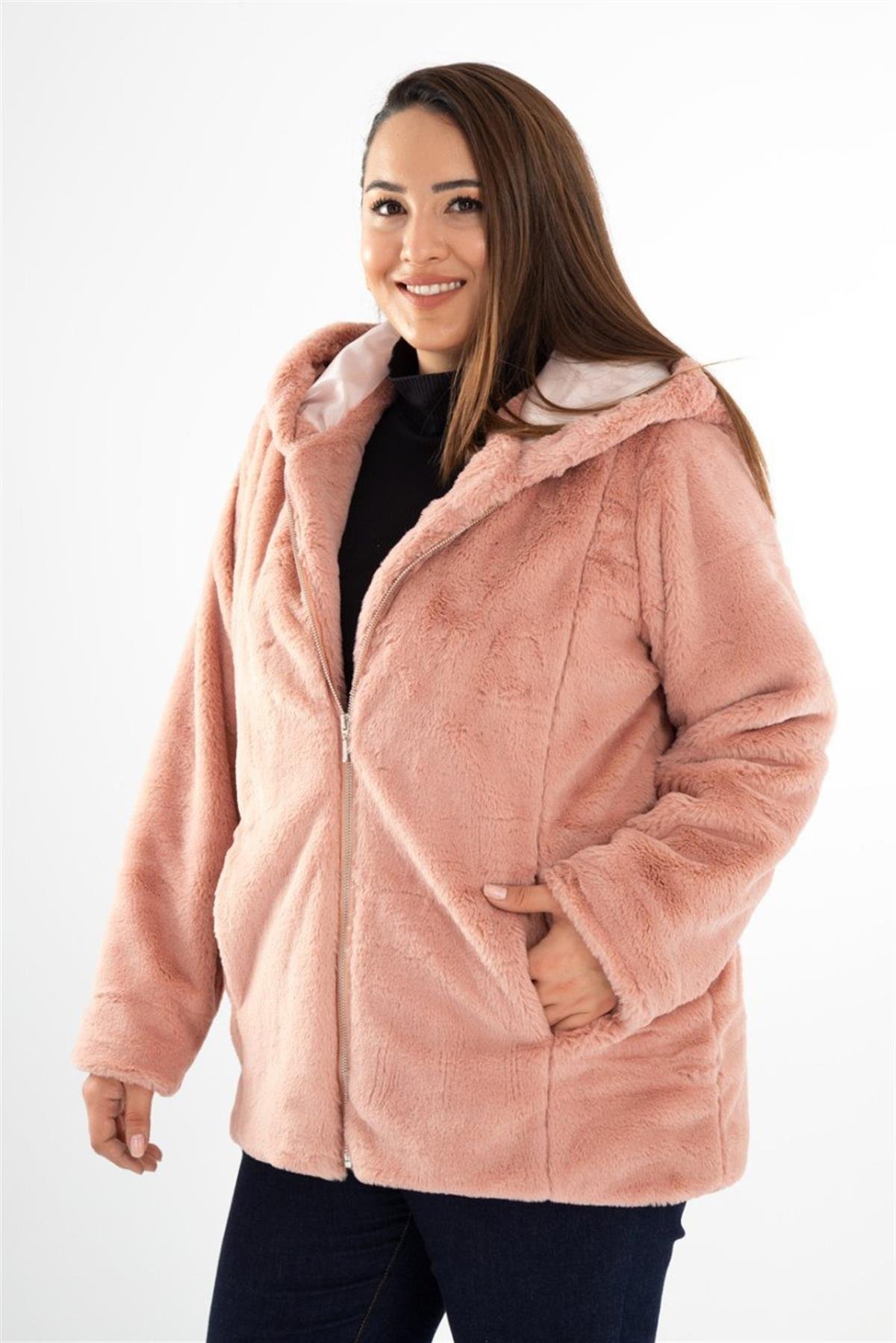 Büyük Beden 131637 Fermuarlı Peluş Kaban Pudra