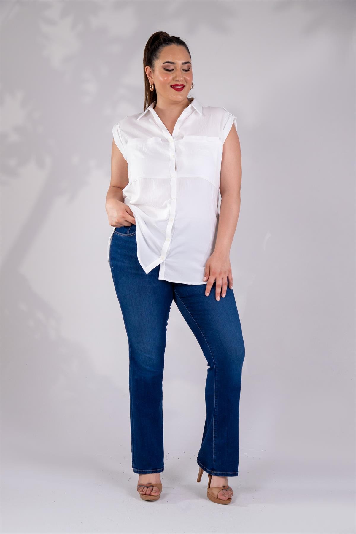 Büyük Beden 210075 Yarım İspanyol Paça Denim Pantolon  Lacivert