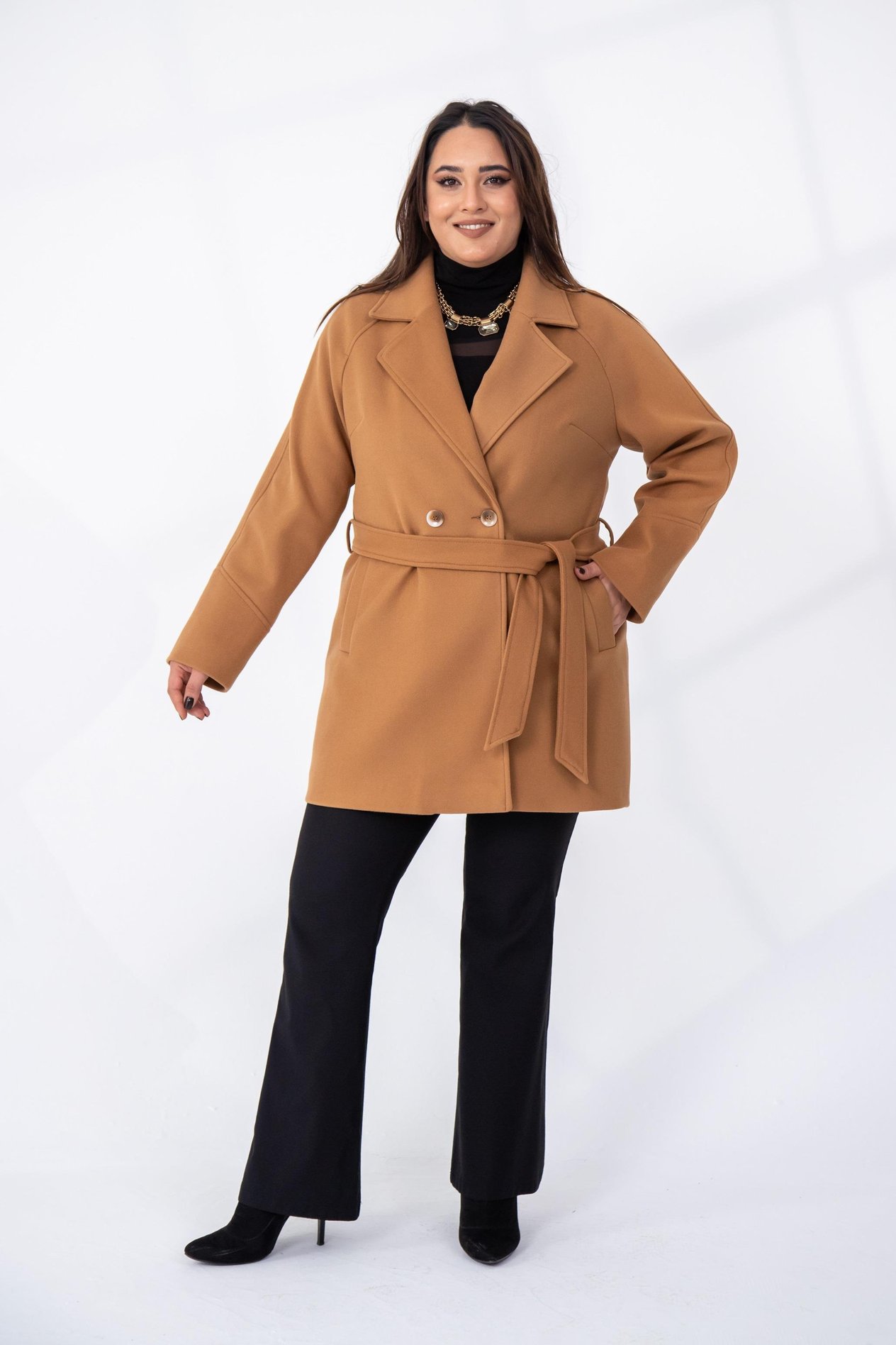 Büyük Beden 2327111 Reglan Kol Kaban  Camel