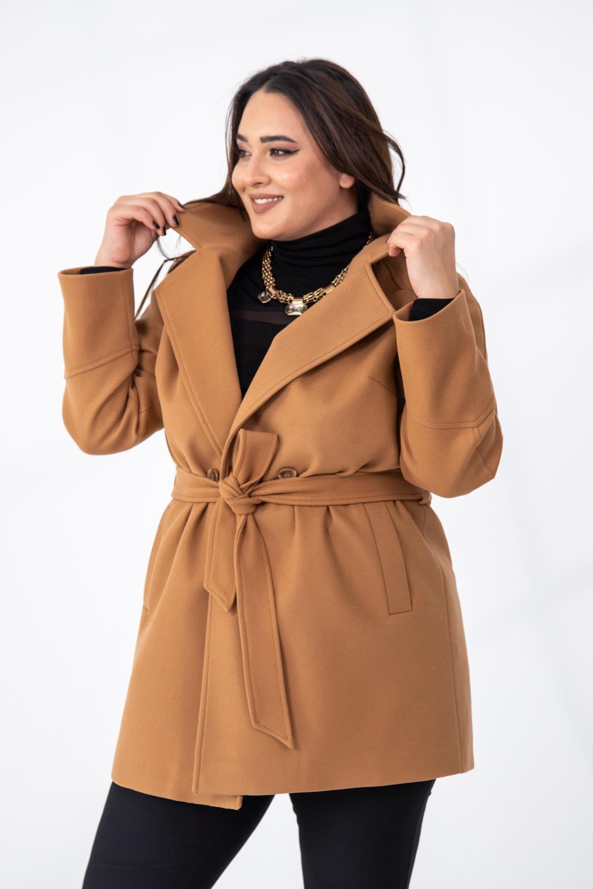 Büyük Beden 2327111 Reglan Kol Kaban  Camel