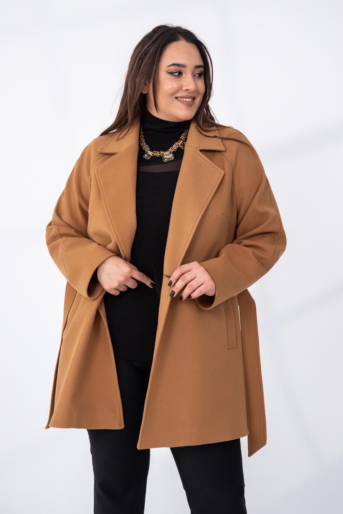 Büyük Beden 2327111 Reglan Kol Kaban  Camel