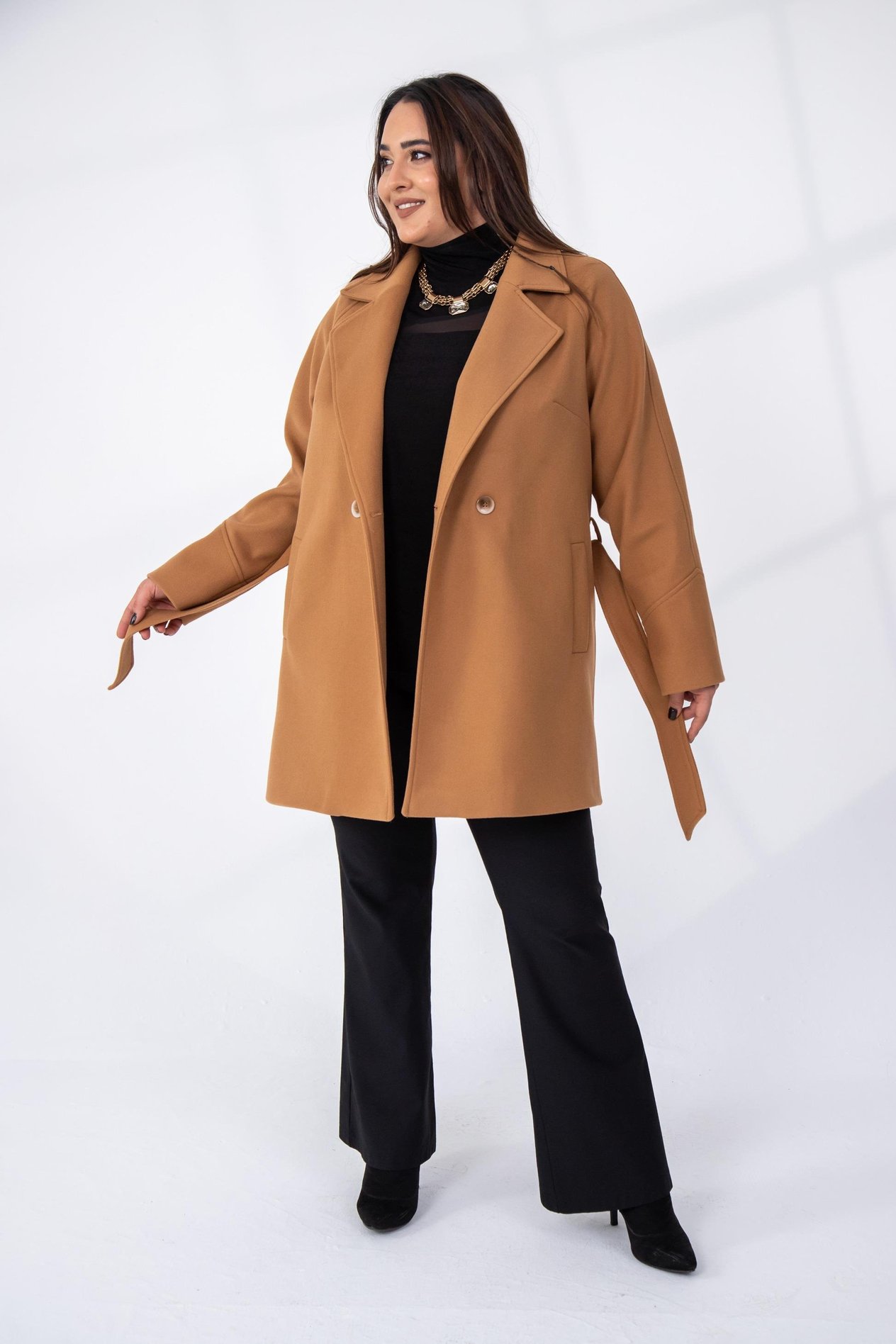 Büyük Beden 2327111 Reglan Kol Kaban  Camel