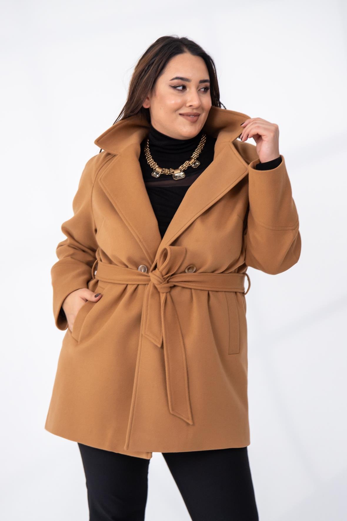 Büyük Beden 2327111 Reglan Kol Kaban  Camel