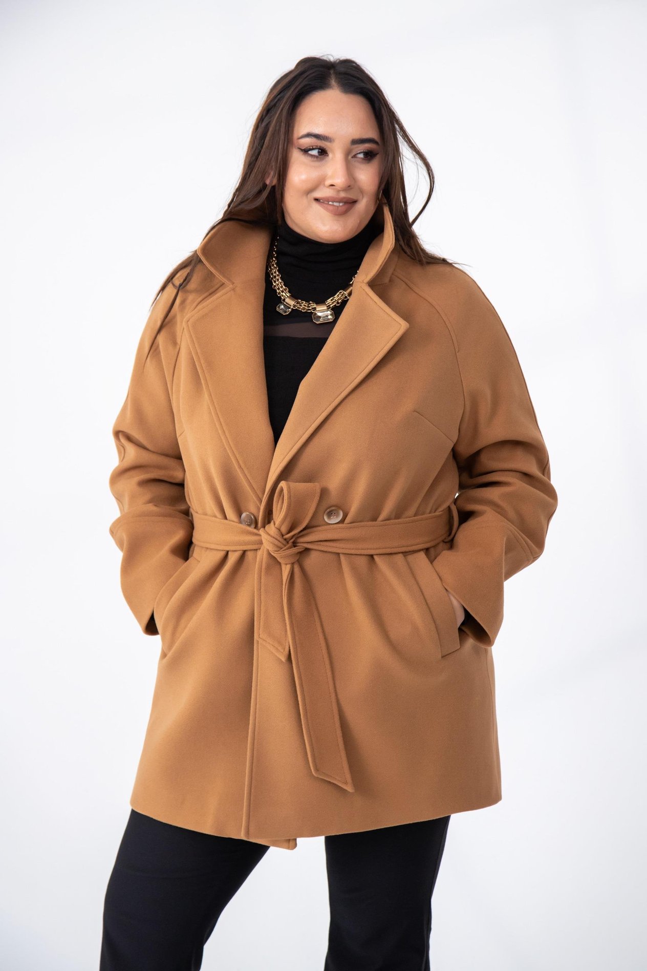 Büyük Beden 2327111 Reglan Kol Kaban  Camel