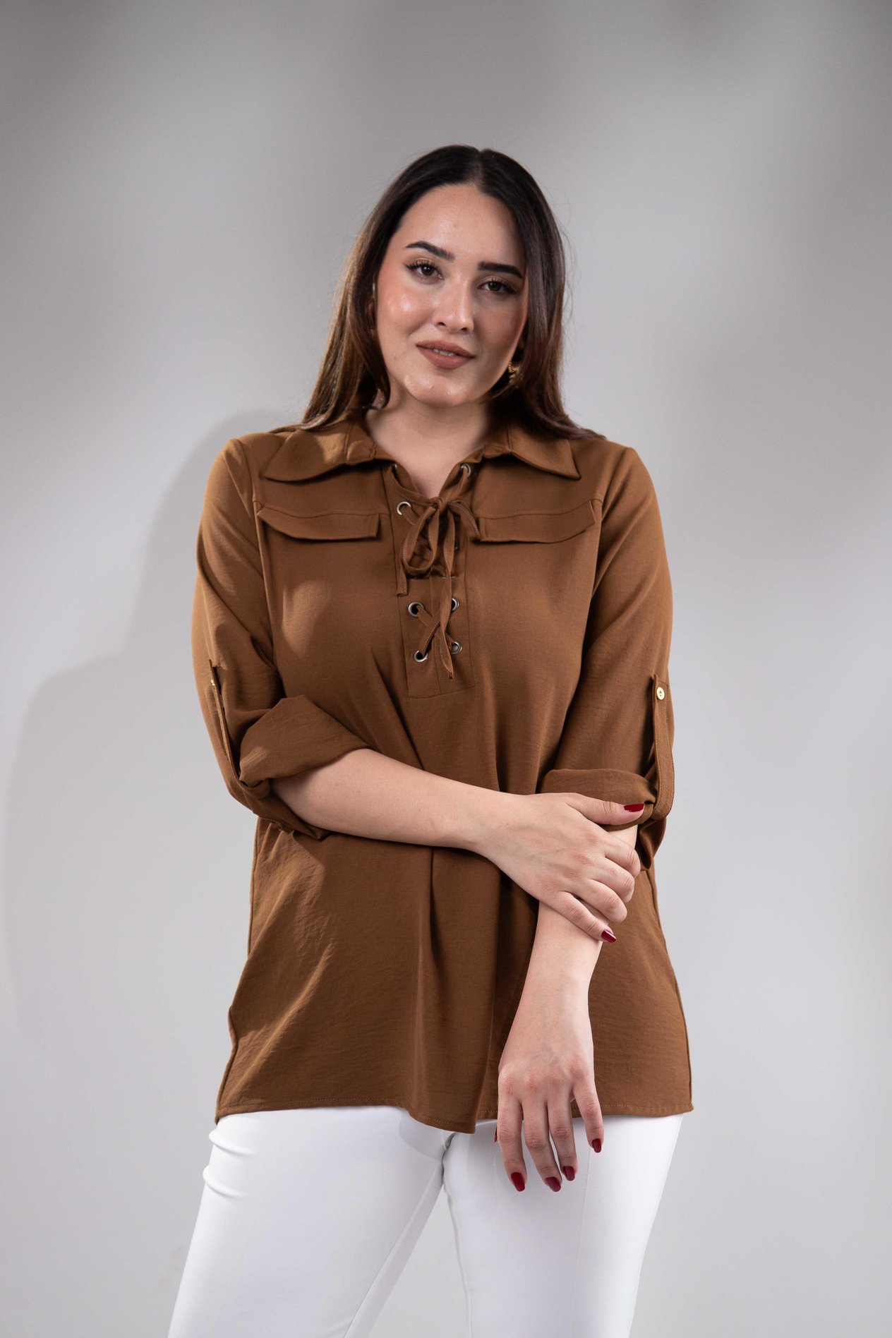 Büyük Beden 3330354 Yaka Bağcıklı Gömlek Kahverengi