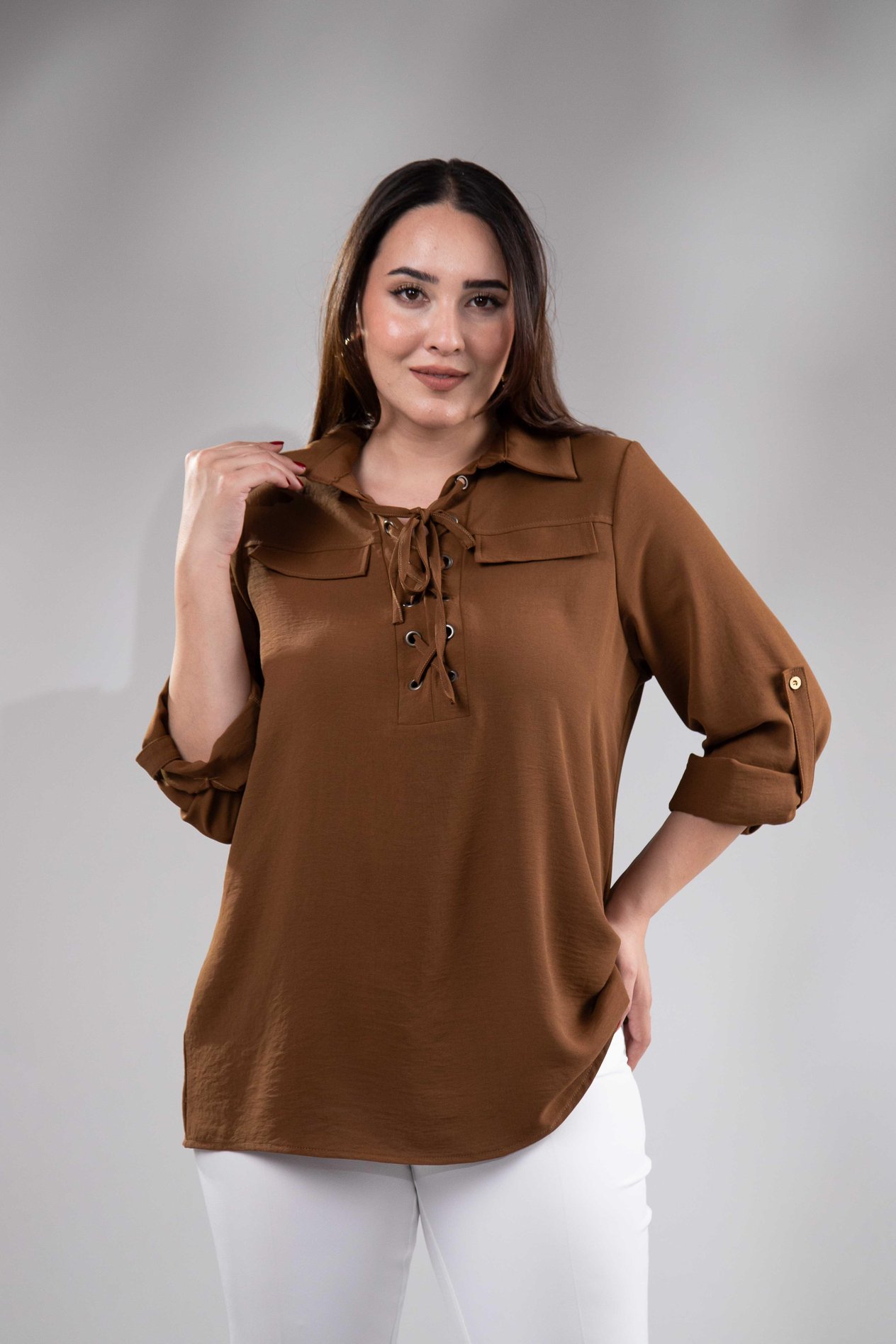 Büyük Beden 3330354 Yaka Bağcıklı Gömlek Kahverengi