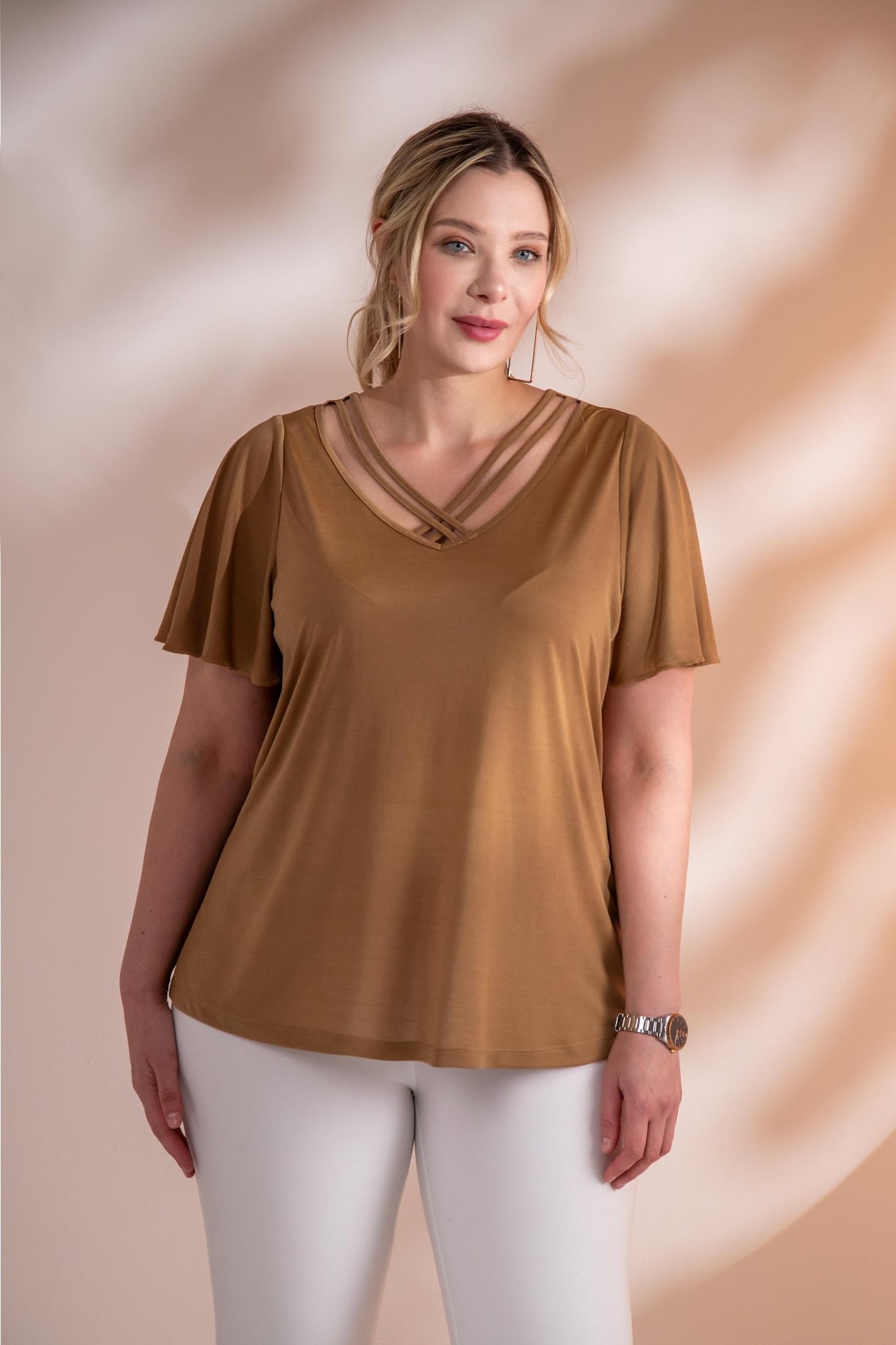 Büyük Beden 3330376 V Yaka Biyeli Bluz  Camel