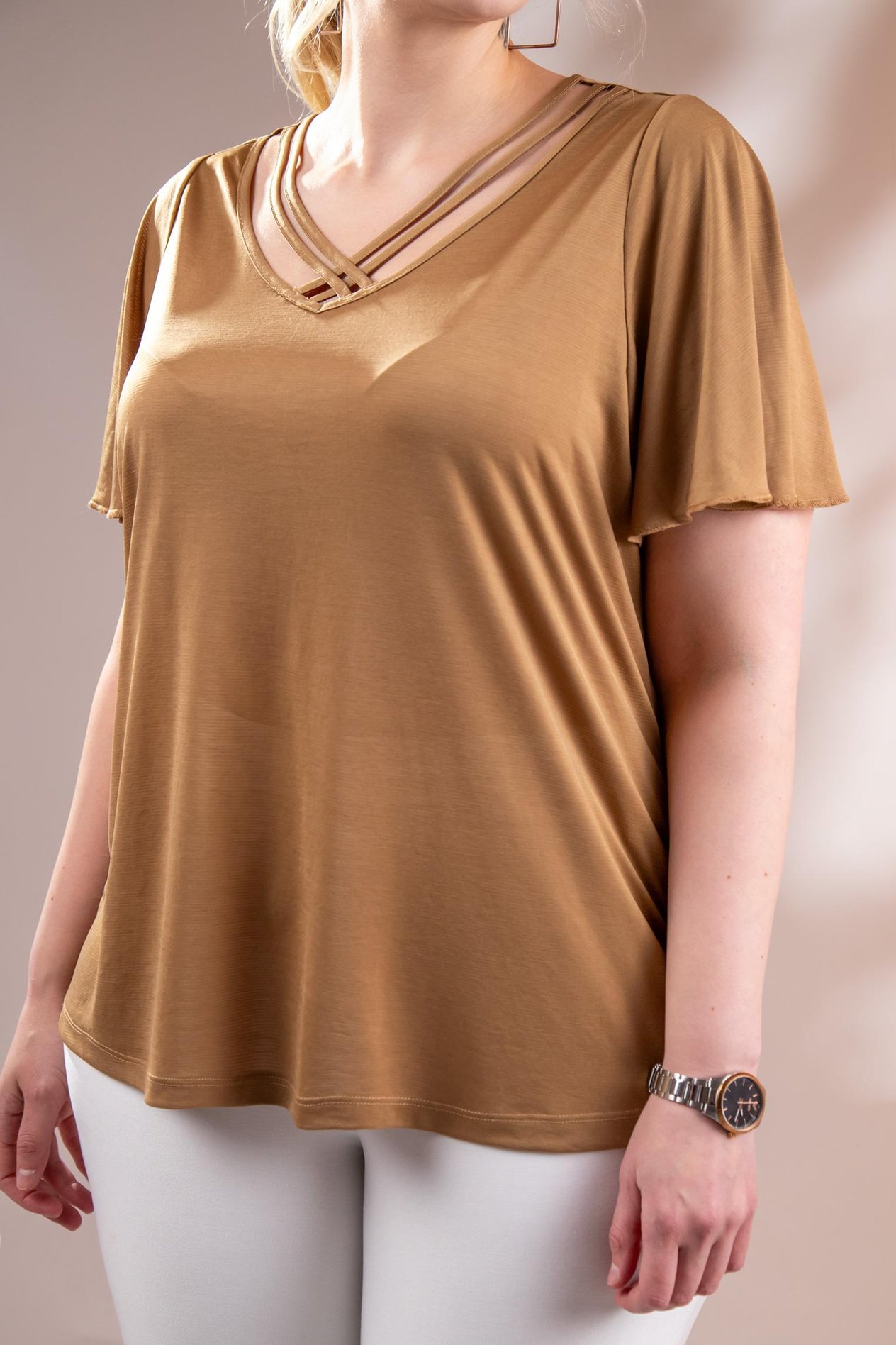 Büyük Beden 3330376 V Yaka Biyeli Bluz  Camel