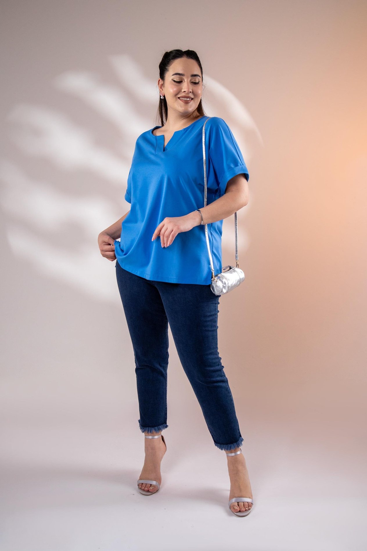 Büyük Beden 3330379 V Yaka Bluz Mavi