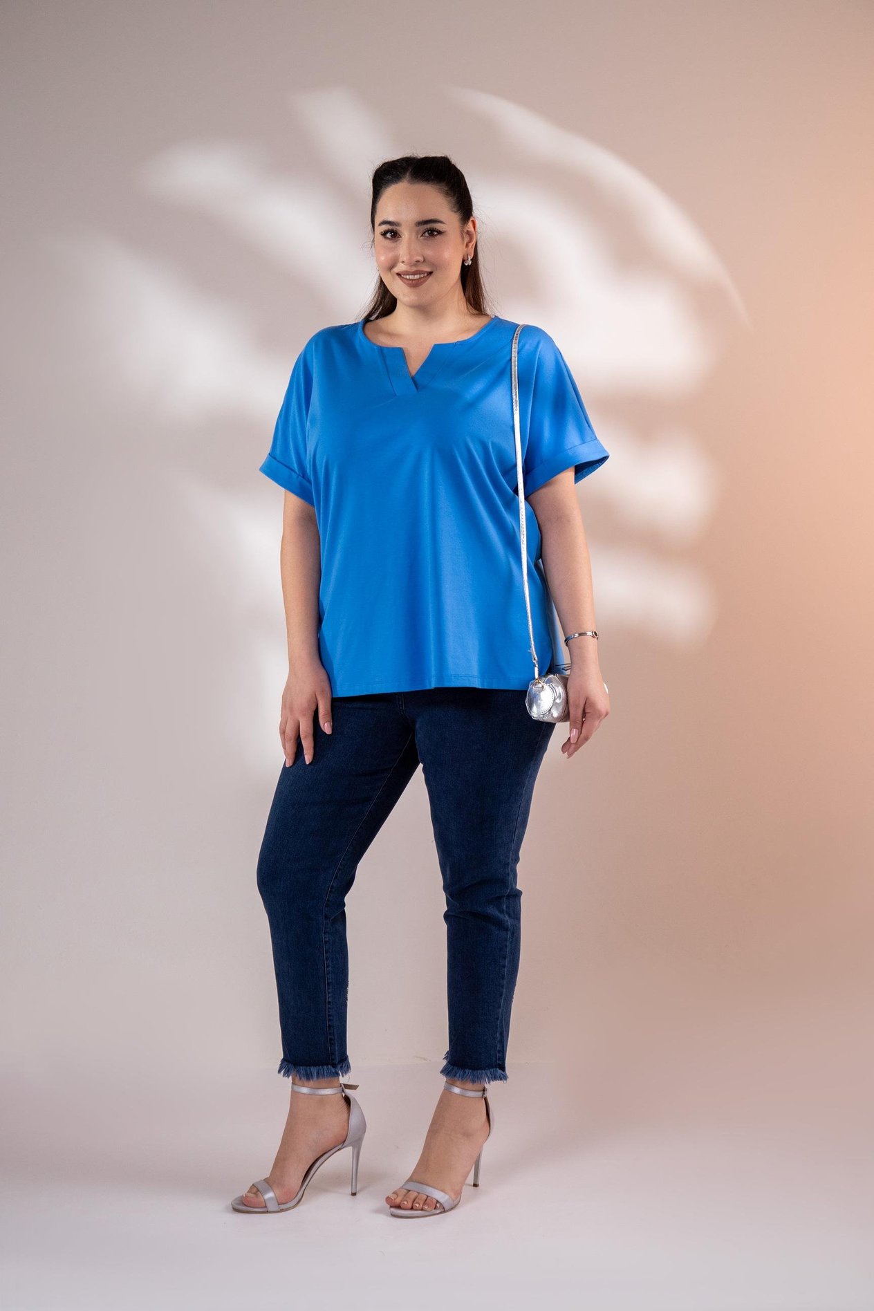 Büyük Beden 3330379 V Yaka Bluz Mavi