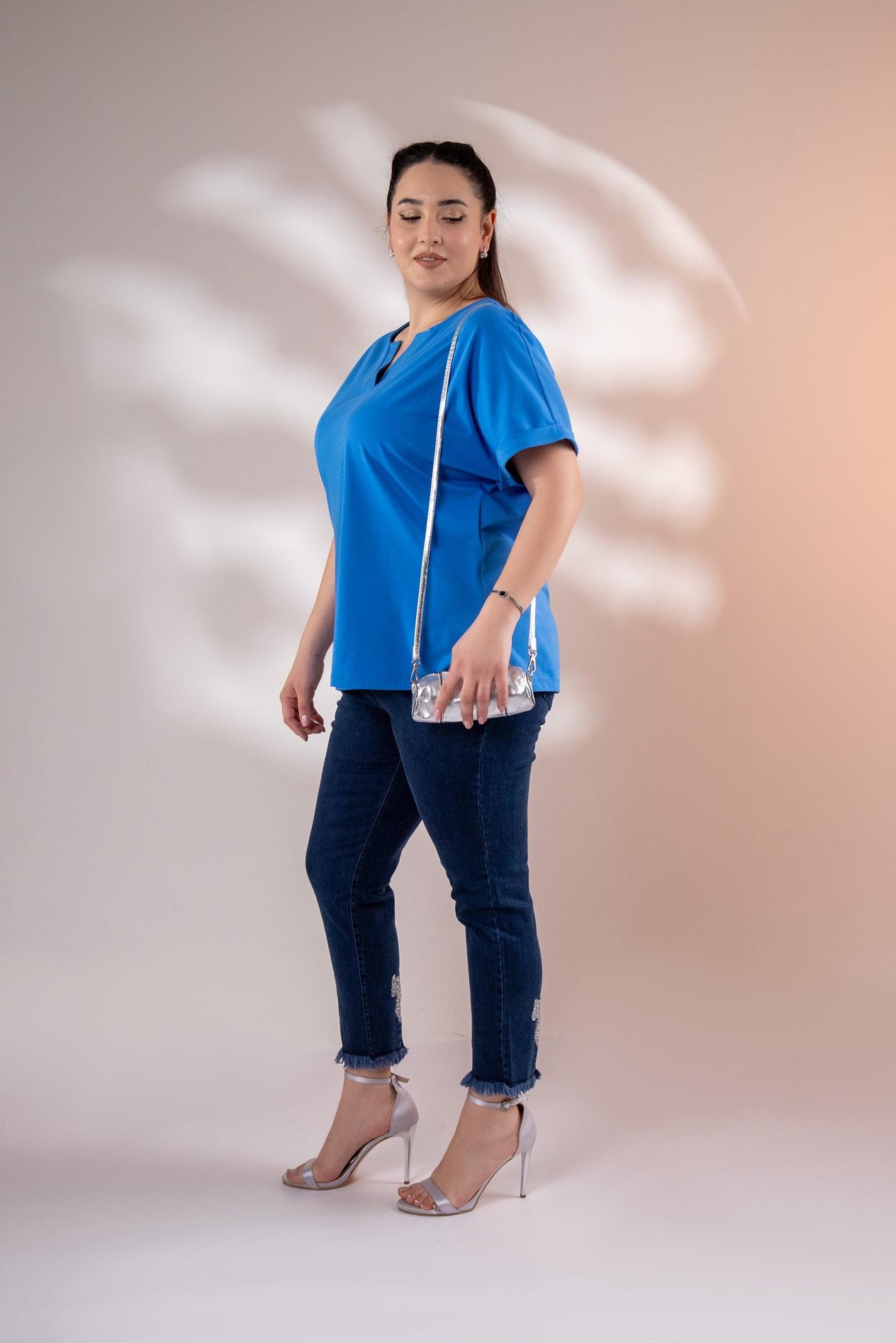 Büyük Beden 3330379 V Yaka Bluz Mavi