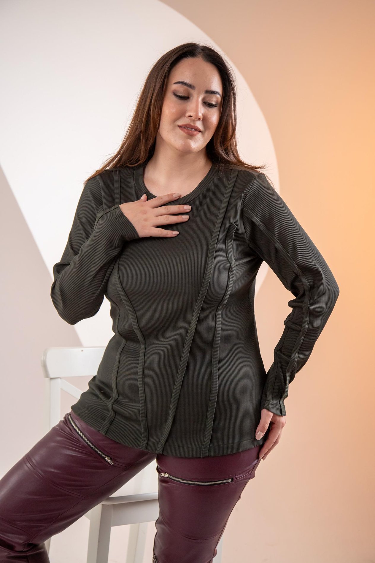 Büyük Beden 333051 Ribana Şeritli Sweat Yeşil