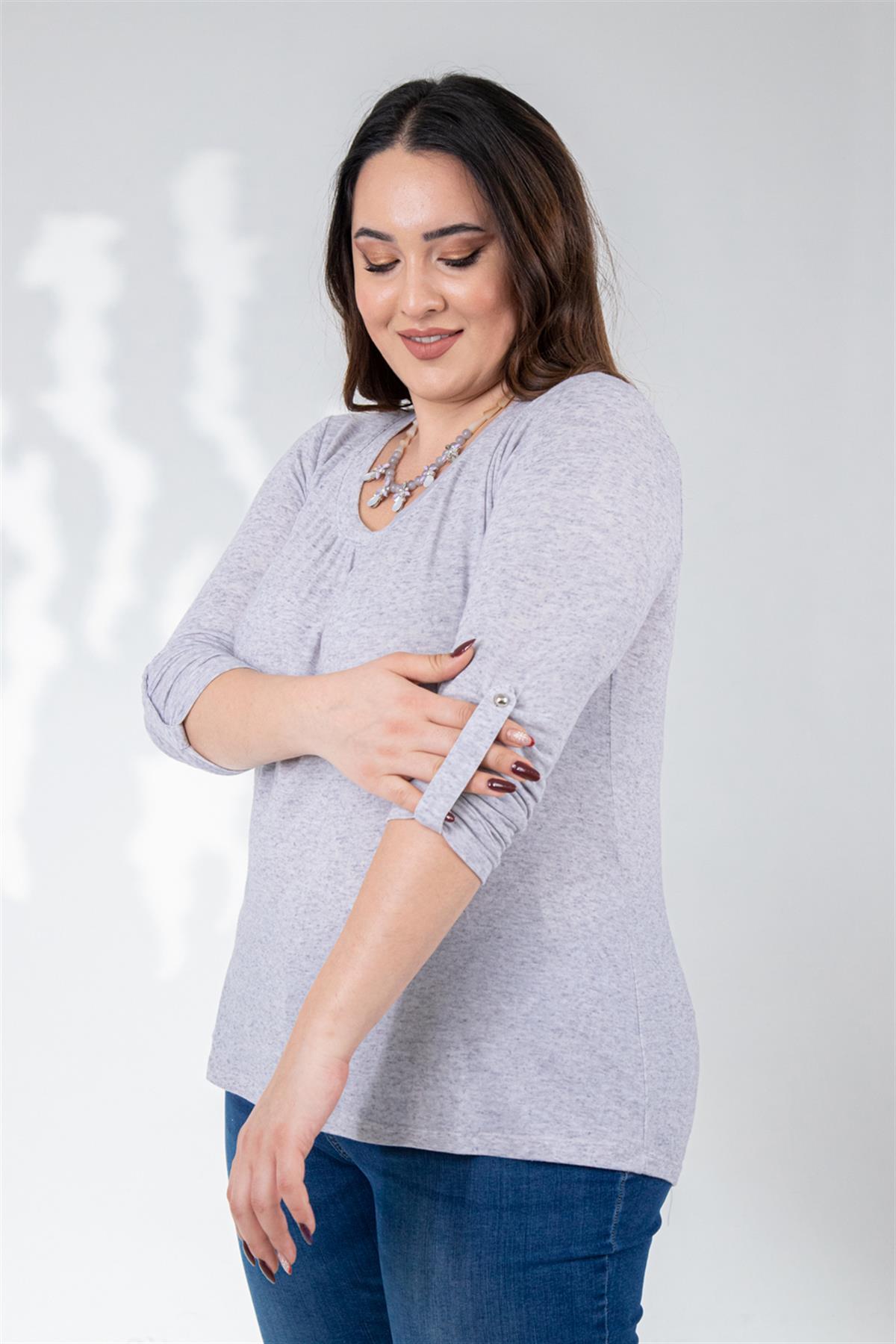 Büyük Beden 333102 Oval Yaka Bluz  Gri