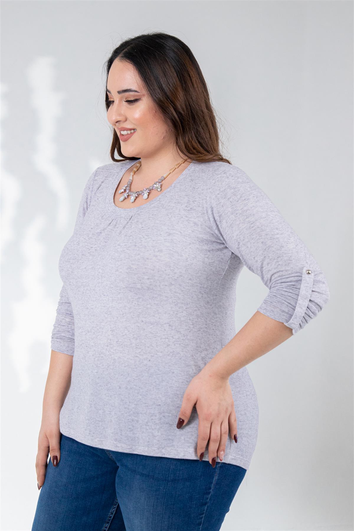 Büyük Beden 333102 Oval Yaka Bluz  Gri