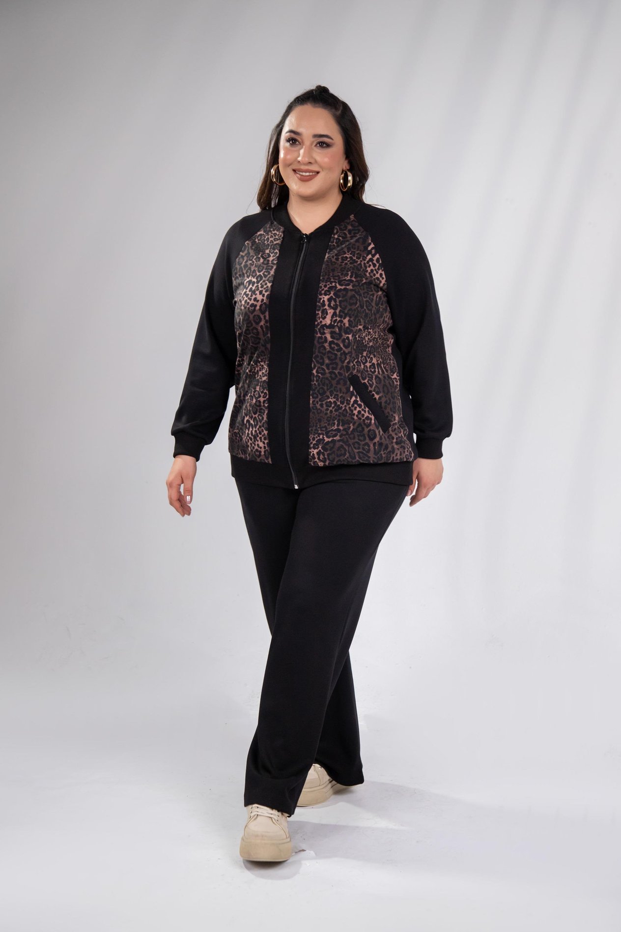 Büyük Beden 333174 Fermuarlı Leoparlı Sweat Kahverengi