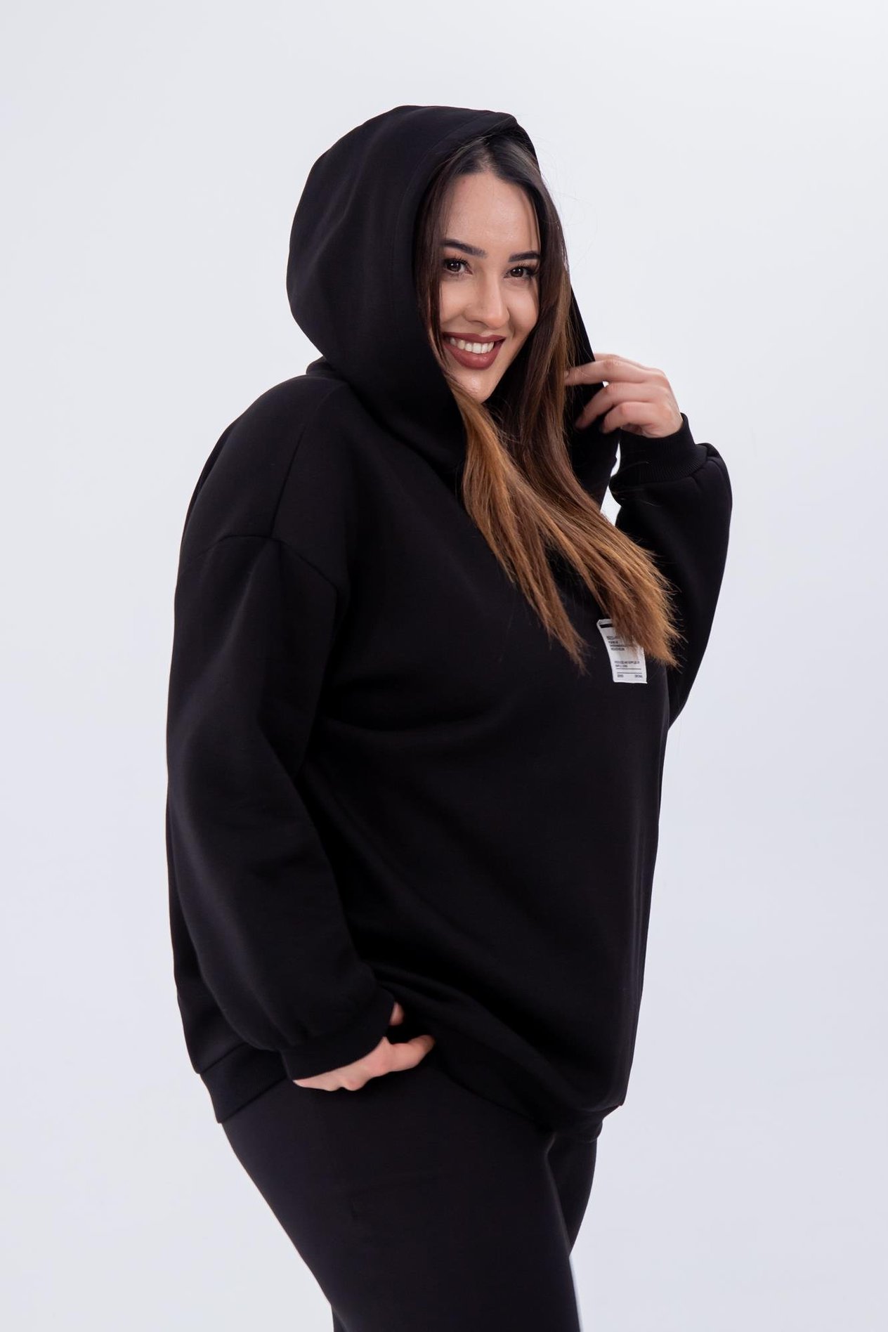Büyük Beden 333672 Baskı Detaylı Kapüşonlu Sweat  Siyah