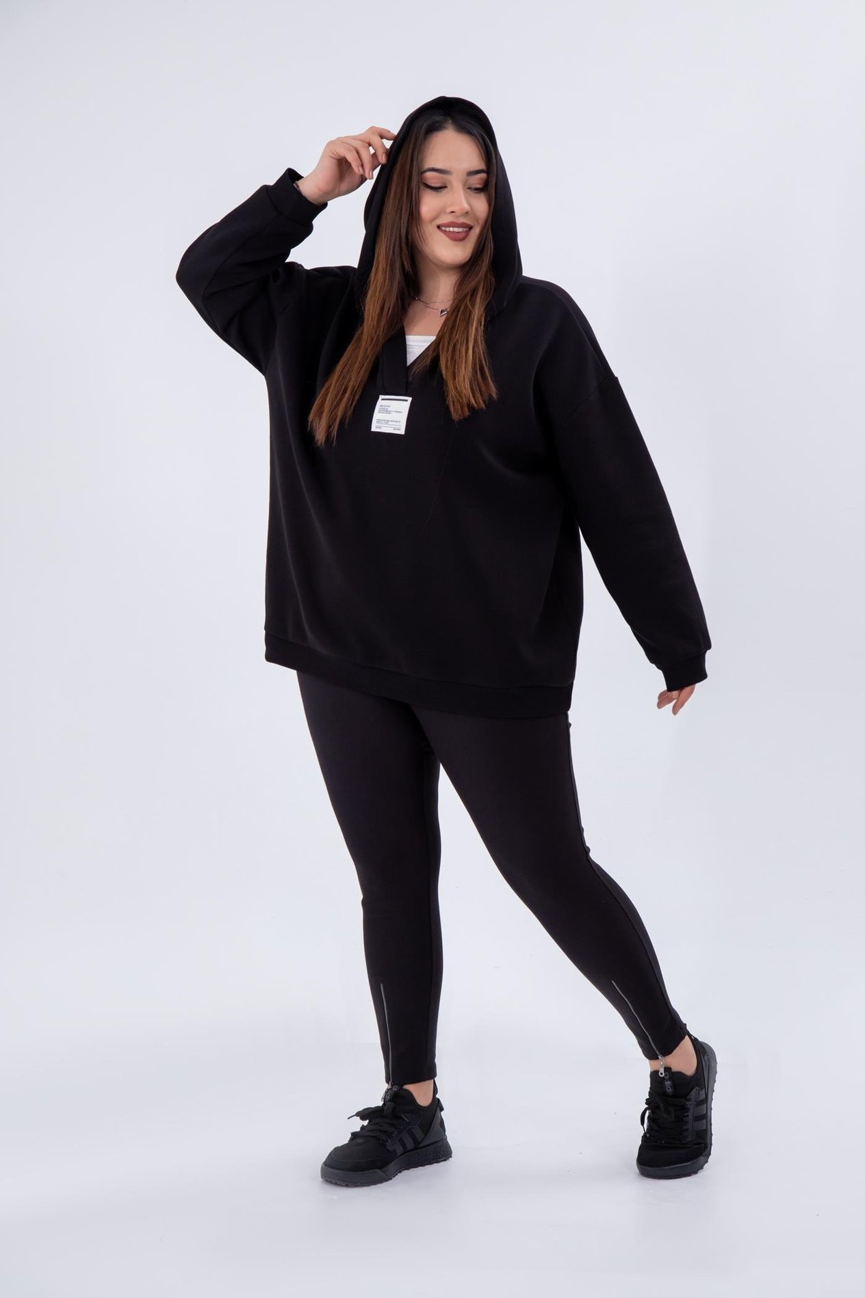 Büyük Beden 333672 Baskı Detaylı Kapüşonlu Sweat  Siyah