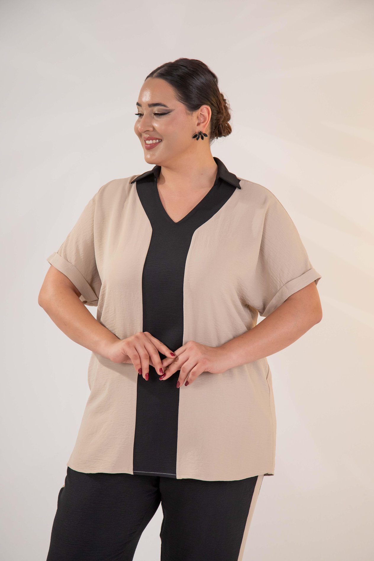 Büyük Beden 333914 Garnili Bluz  Bej